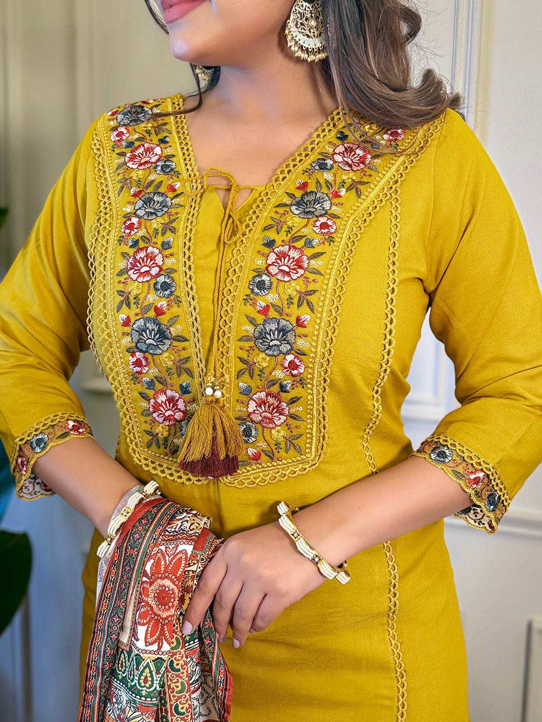 MUSTARD BSY VISCOSE EMBROIDERED KURTA PANT DUPATTA