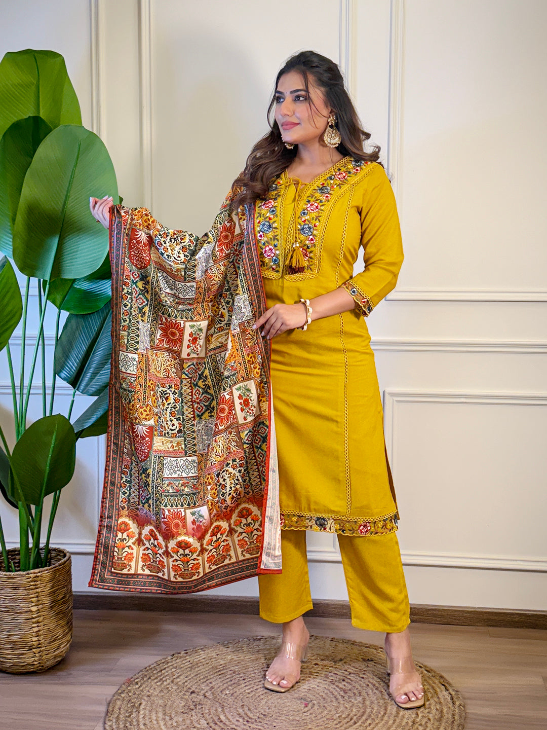 MUSTARD BSY VISCOSE EMBROIDERED KURTA PANT DUPATTA