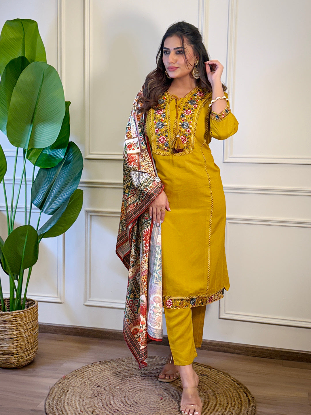 MUSTARD BSY VISCOSE EMBROIDERED KURTA PANT DUPATTA
