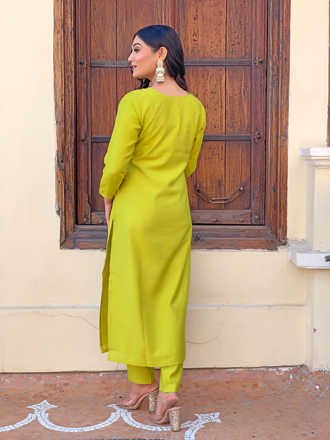 LEMON YELLOW RAYON EMBROIDERED KURTA PANT DUPATTA