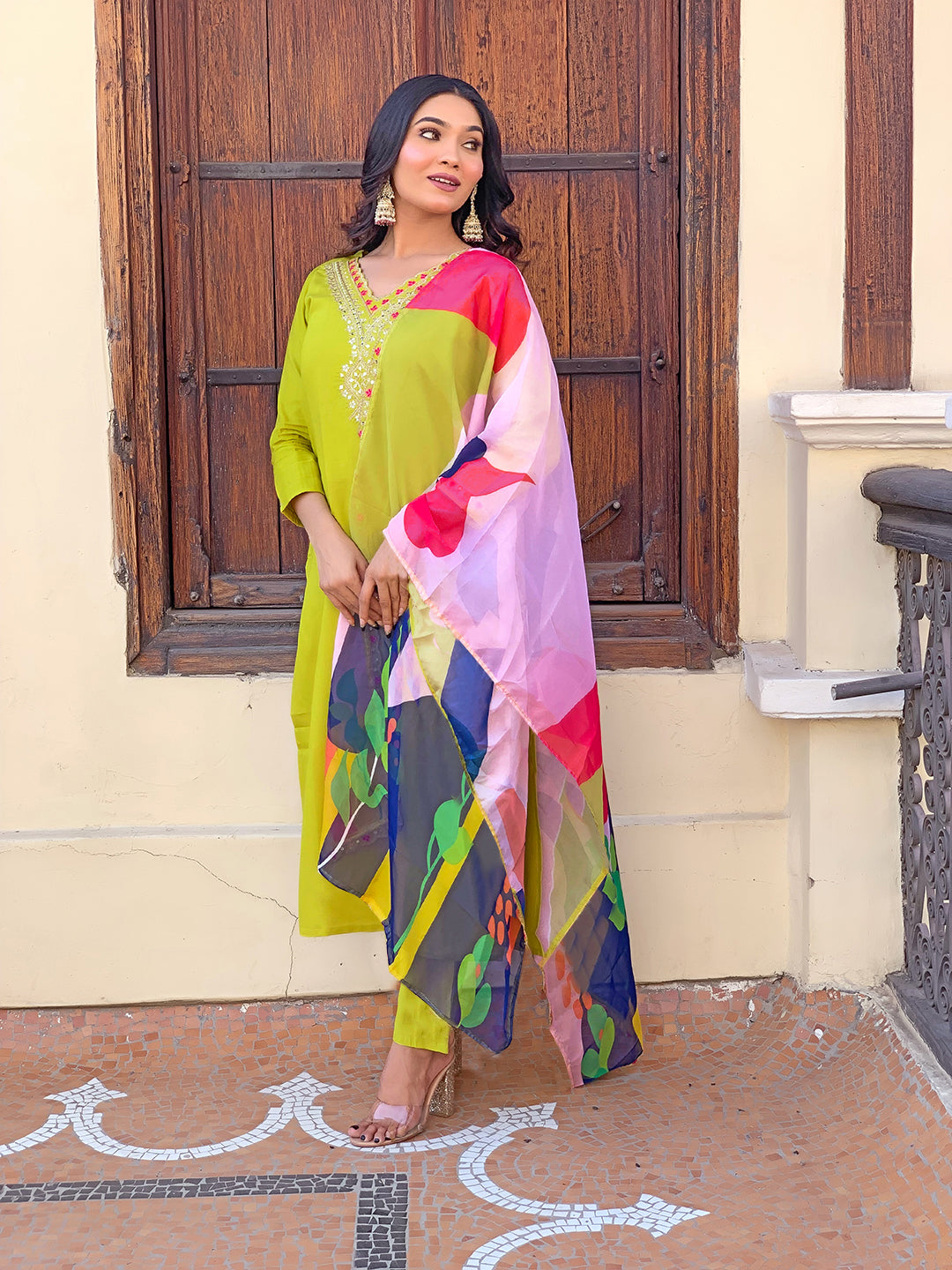 LEMON YELLOW RAYON EMBROIDERED KURTA PANT DUPATTA