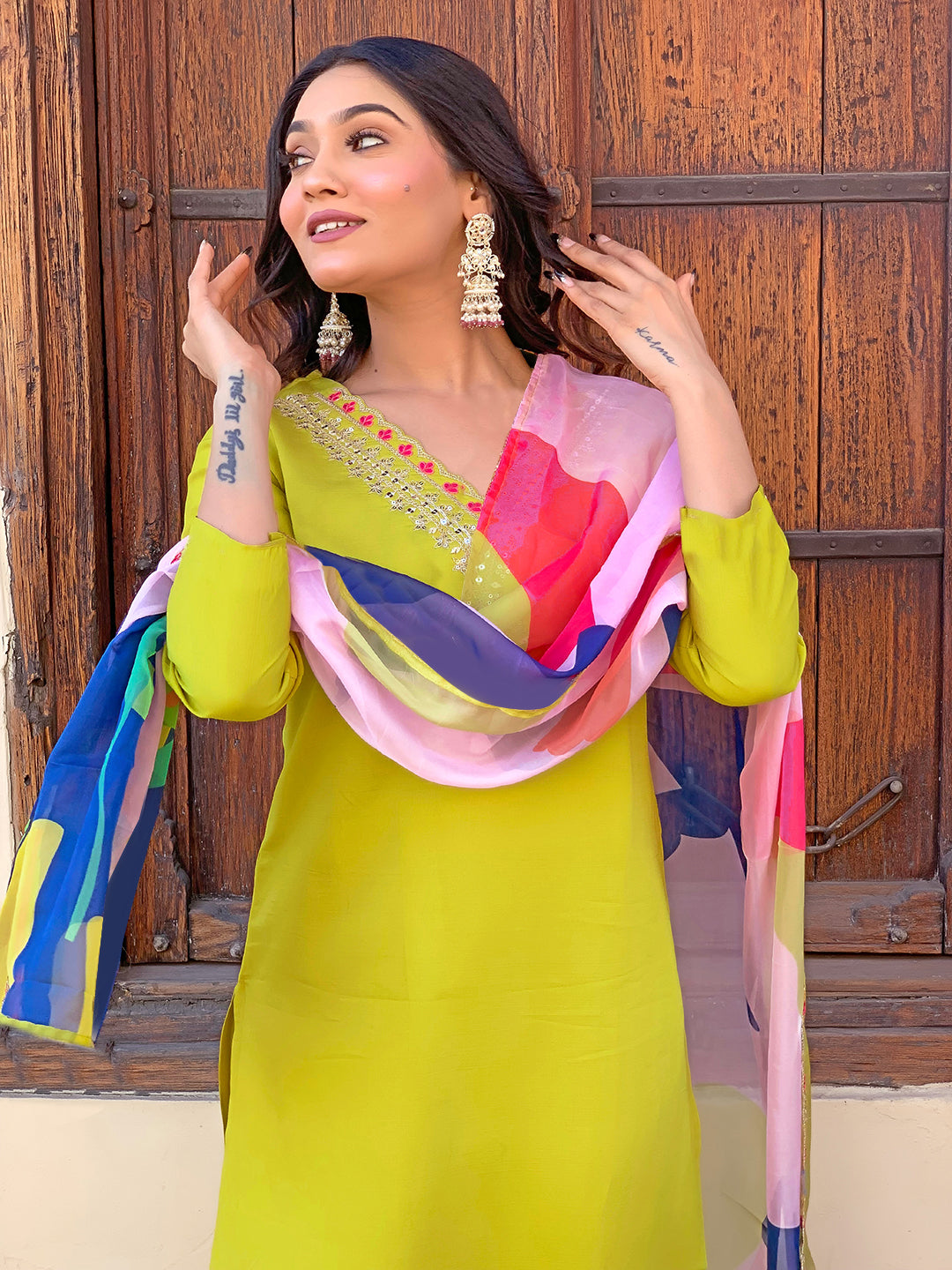 LEMON YELLOW RAYON EMBROIDERED KURTA PANT DUPATTA
