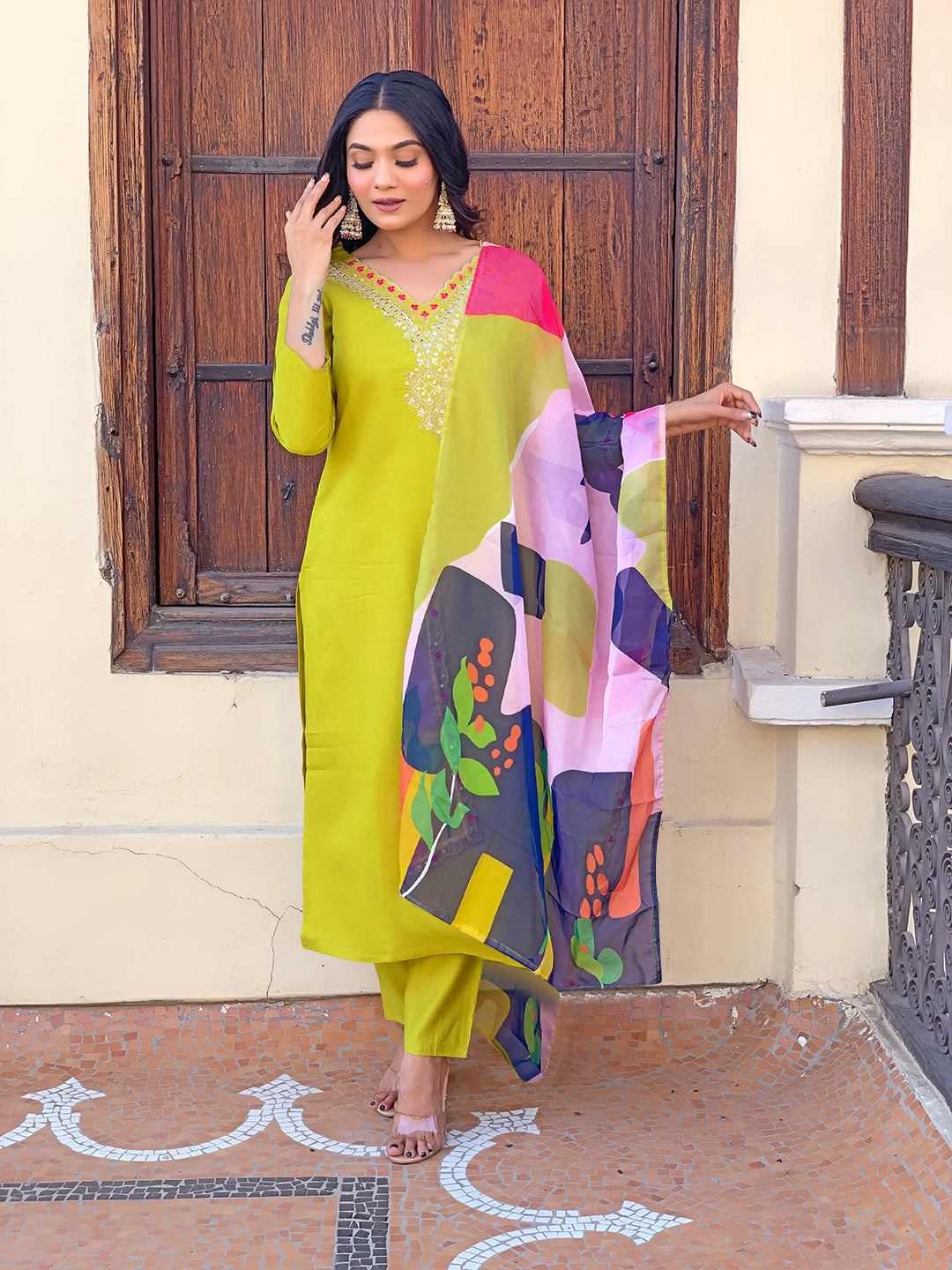 LEMON YELLOW RAYON EMBROIDERED KURTA PANT DUPATTA
