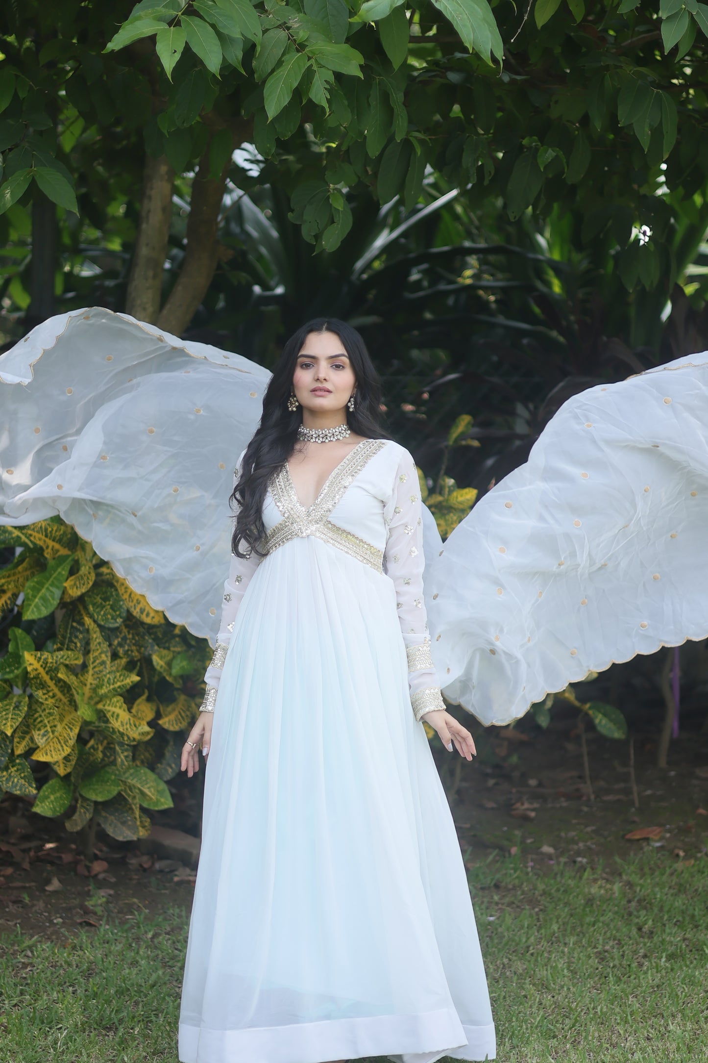 WHITE FAUX BLOOMING WITH EMBROIDERY ZARI SEQUINS-WORK GOWN