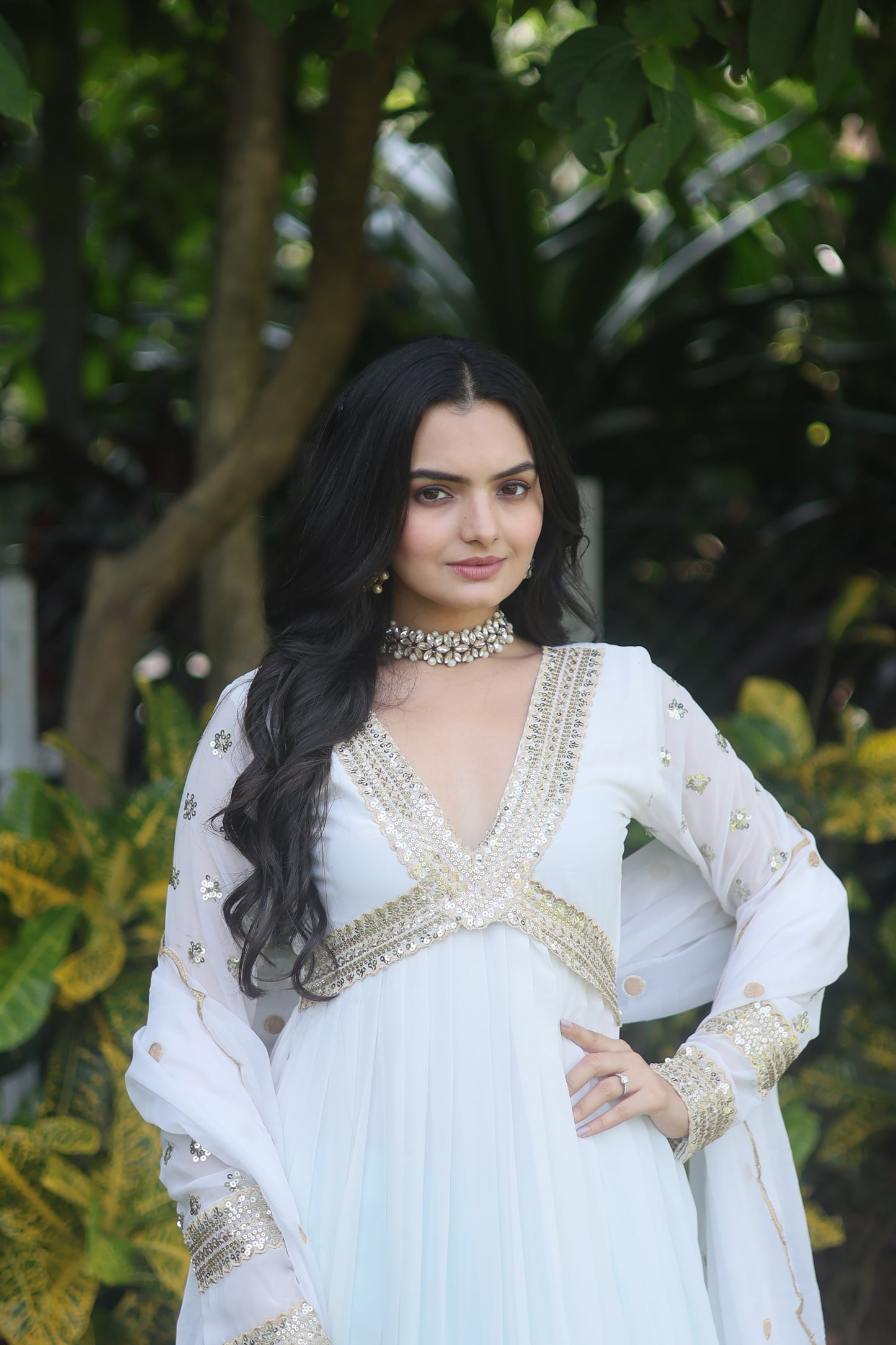 WHITE FAUX BLOOMING WITH EMBROIDERY ZARI SEQUINS-WORK GOWN