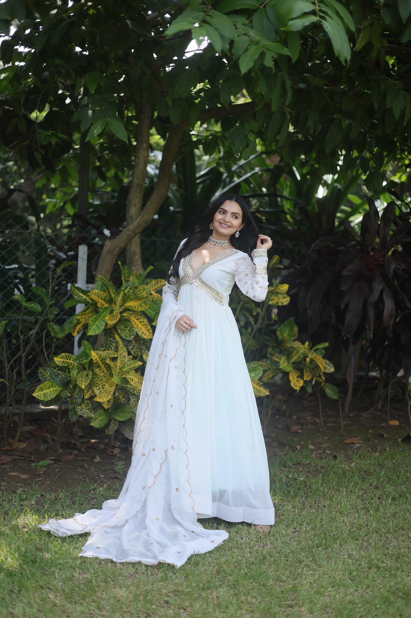 WHITE FAUX BLOOMING WITH EMBROIDERY ZARI SEQUINS-WORK GOWN