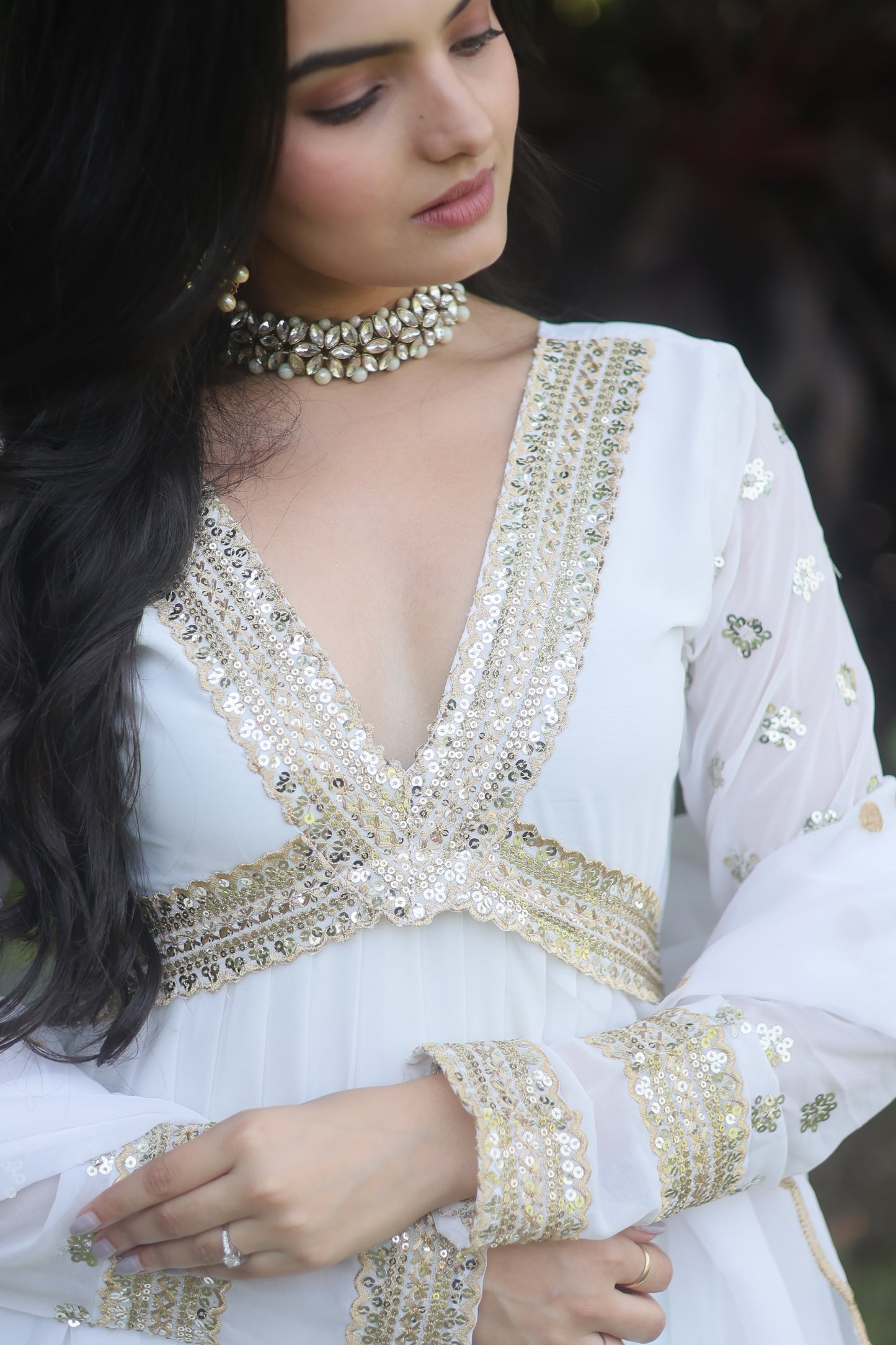 WHITE FAUX BLOOMING WITH EMBROIDERY ZARI SEQUINS-WORK GOWN