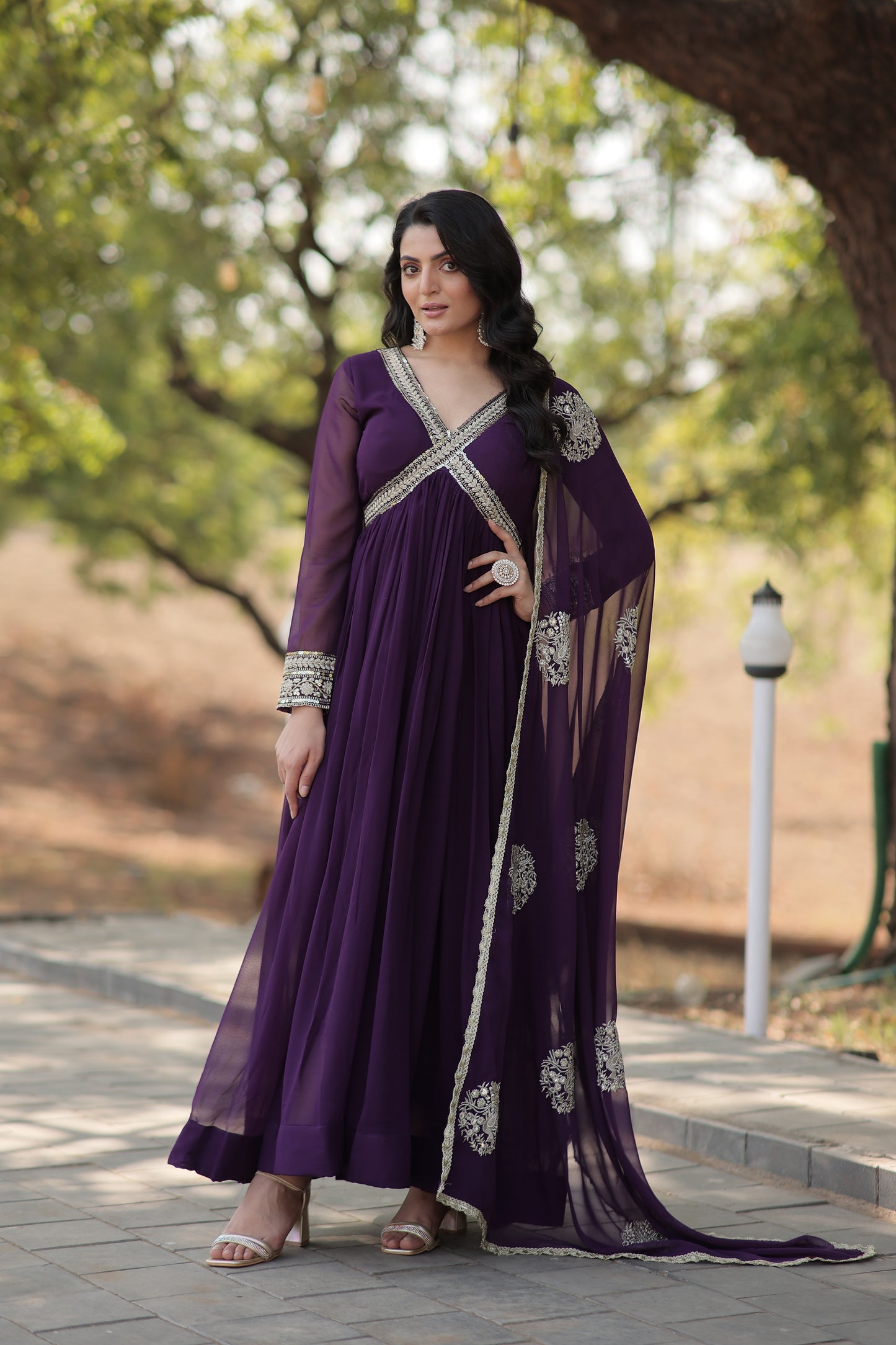 PURPLE FAUX BLOOMING WITH EMBROIDERY ZARI SEQUINS-WORK GOWN
