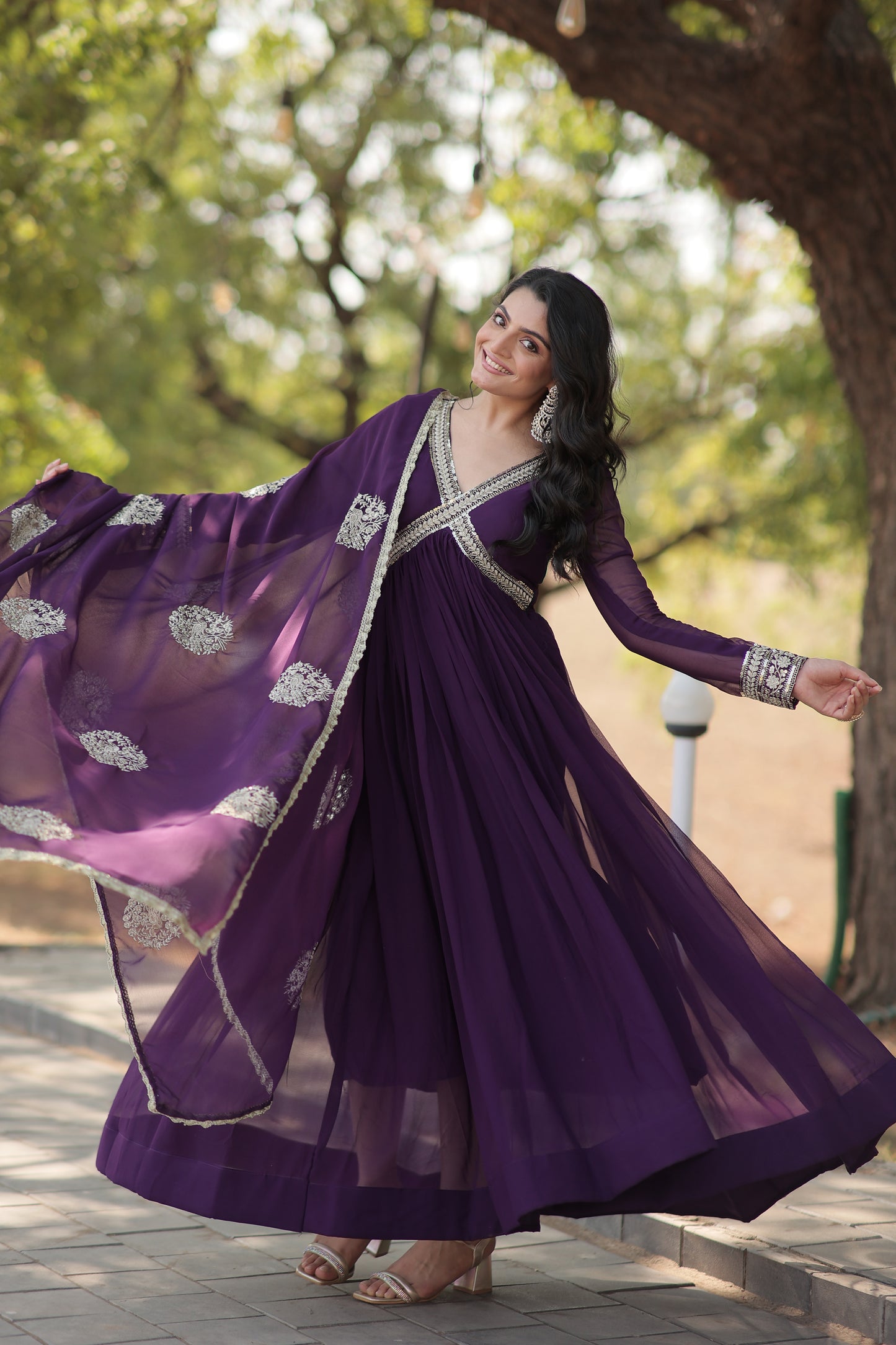 PURPLE FAUX BLOOMING WITH EMBROIDERY ZARI SEQUINS-WORK GOWN