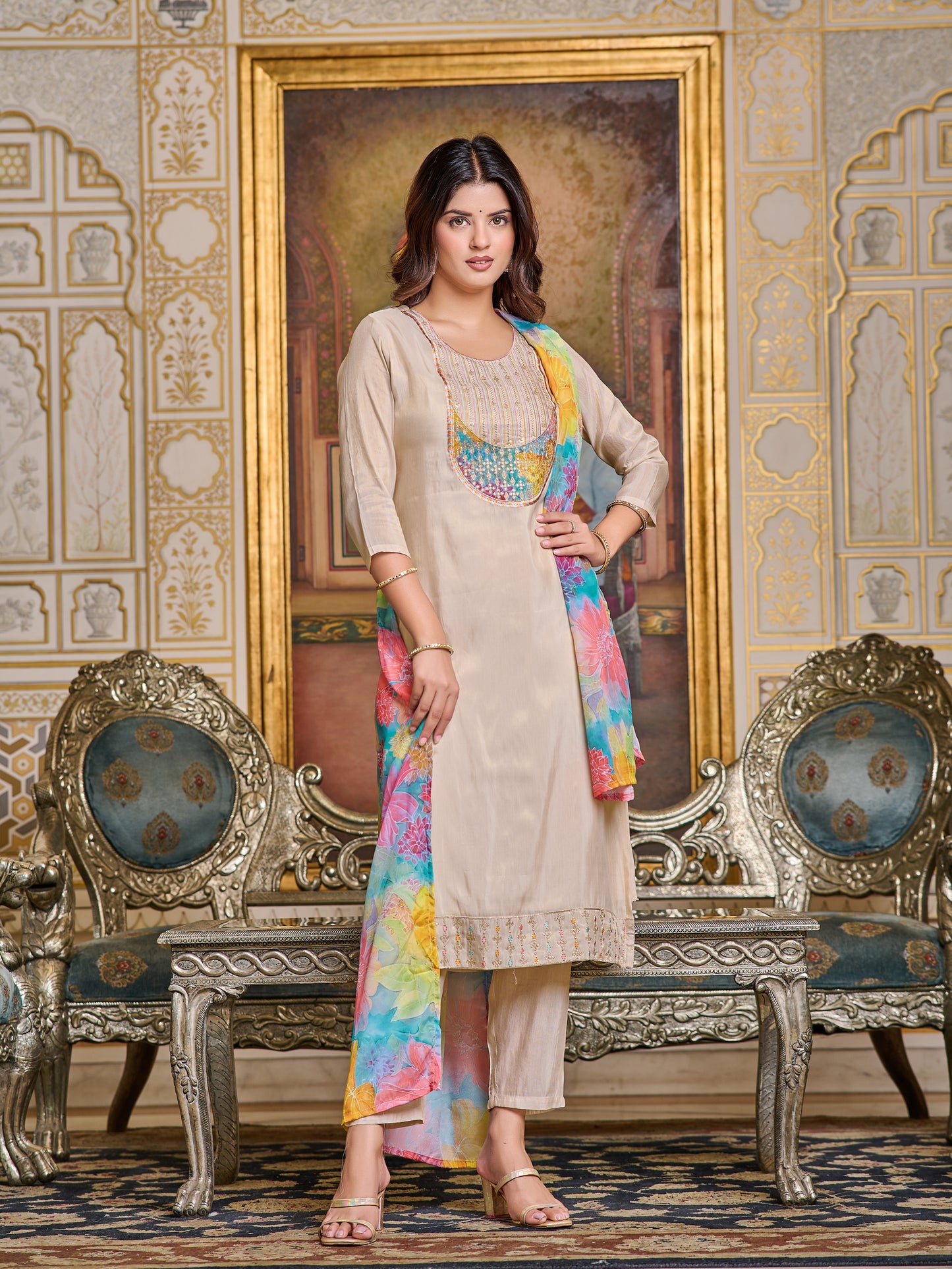 CREAM BASIC KURTA PANT DUPATTA SET