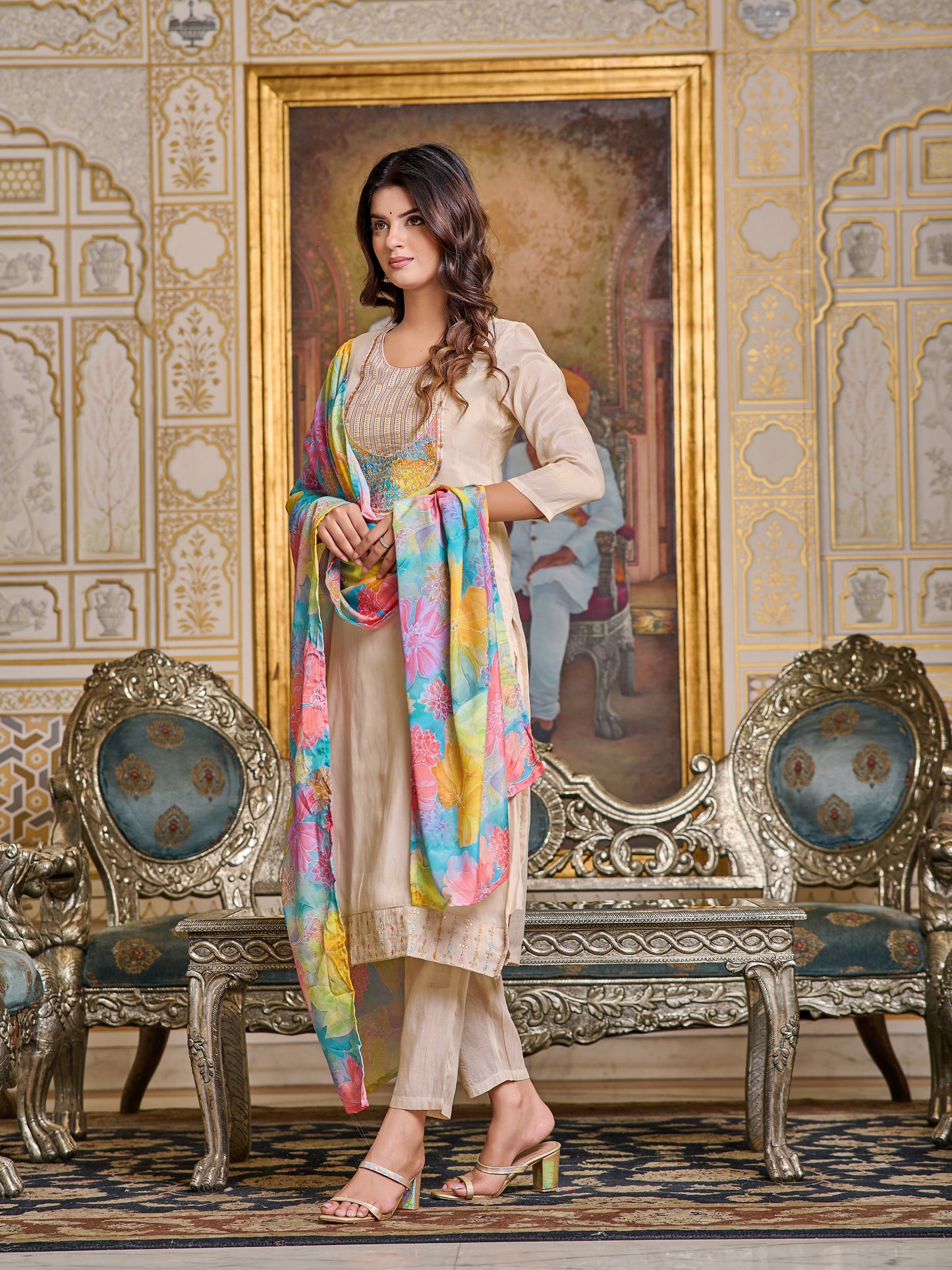 CREAM BASIC KURTA PANT DUPATTA SET
