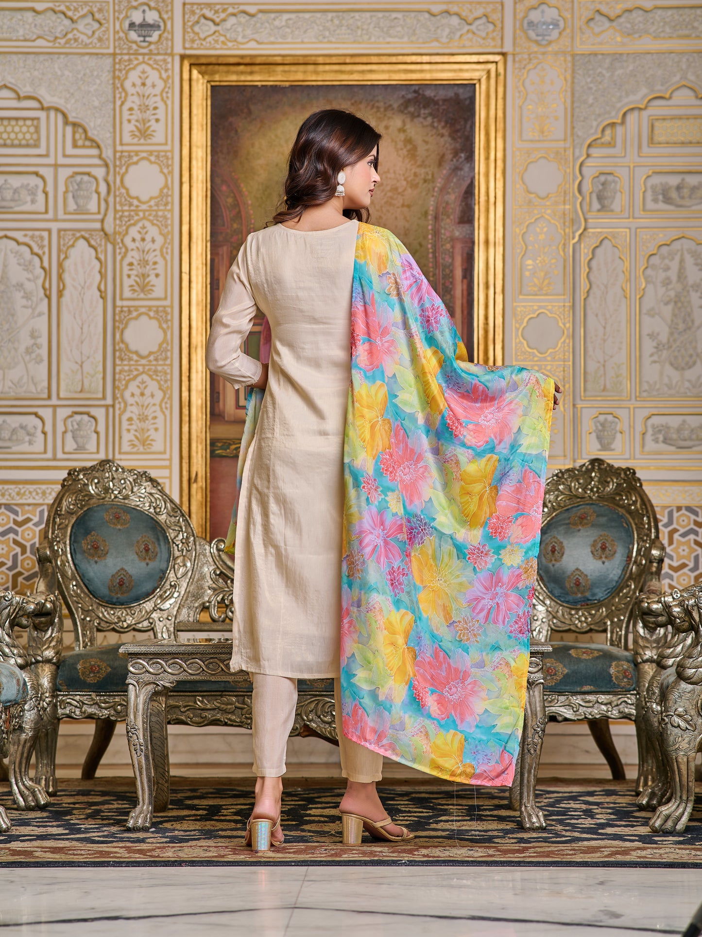 CREAM BASIC KURTA PANT DUPATTA SET