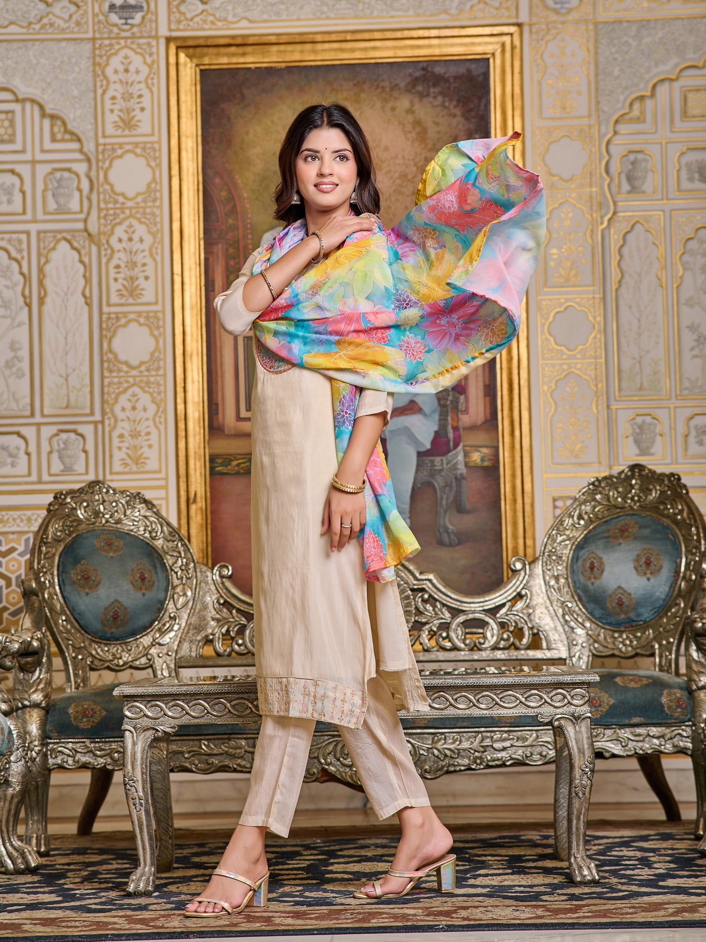 CREAM BASIC KURTA PANT DUPATTA SET