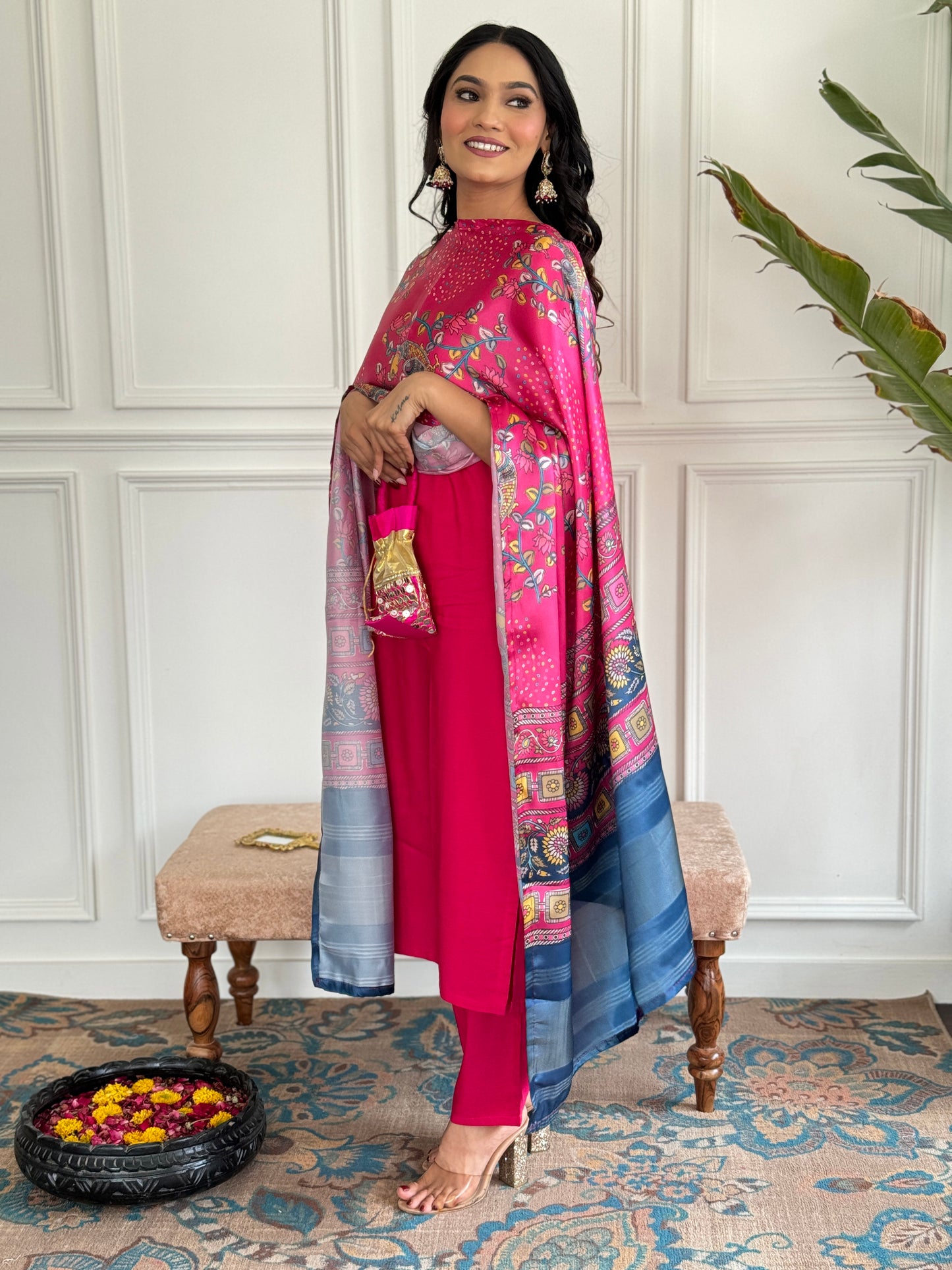 GAJRI VISCOSE EMBROIDERED KURTA PANT DUPATTA SET