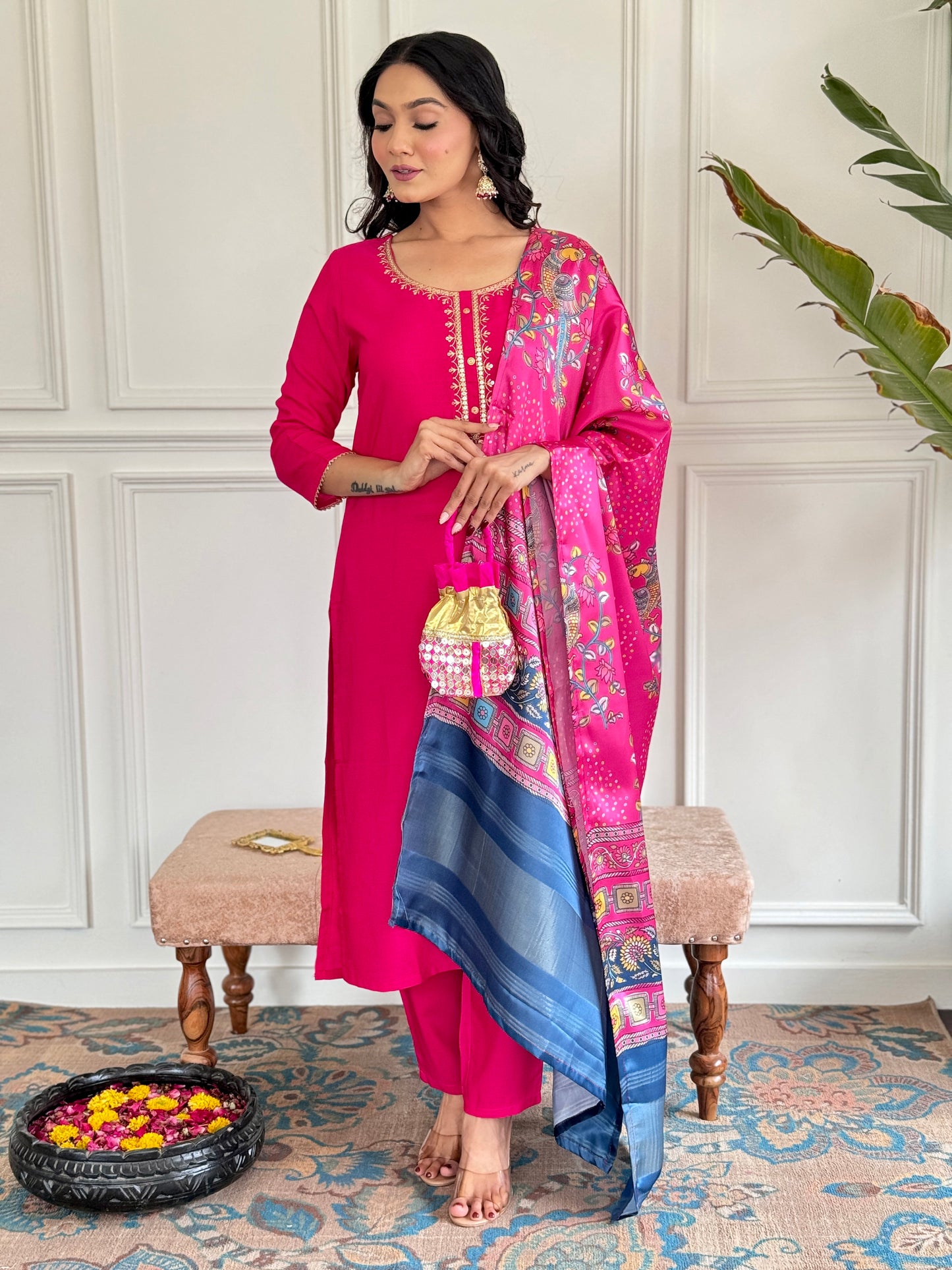 GAJRI VISCOSE EMBROIDERED KURTA PANT DUPATTA SET