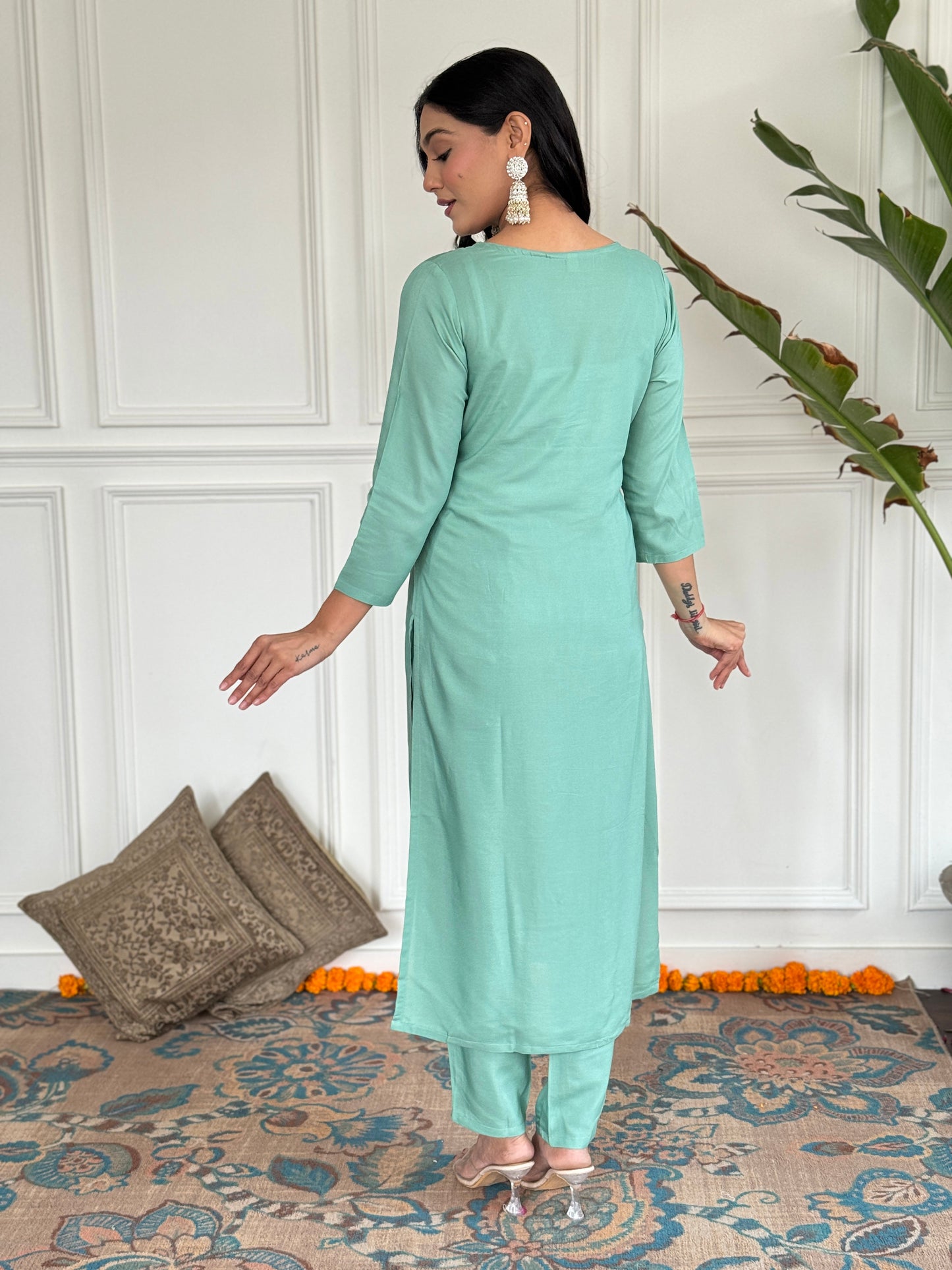 FIROJI VISCOSE EMBROIDERED KURTA PANT DUPATTA SET
