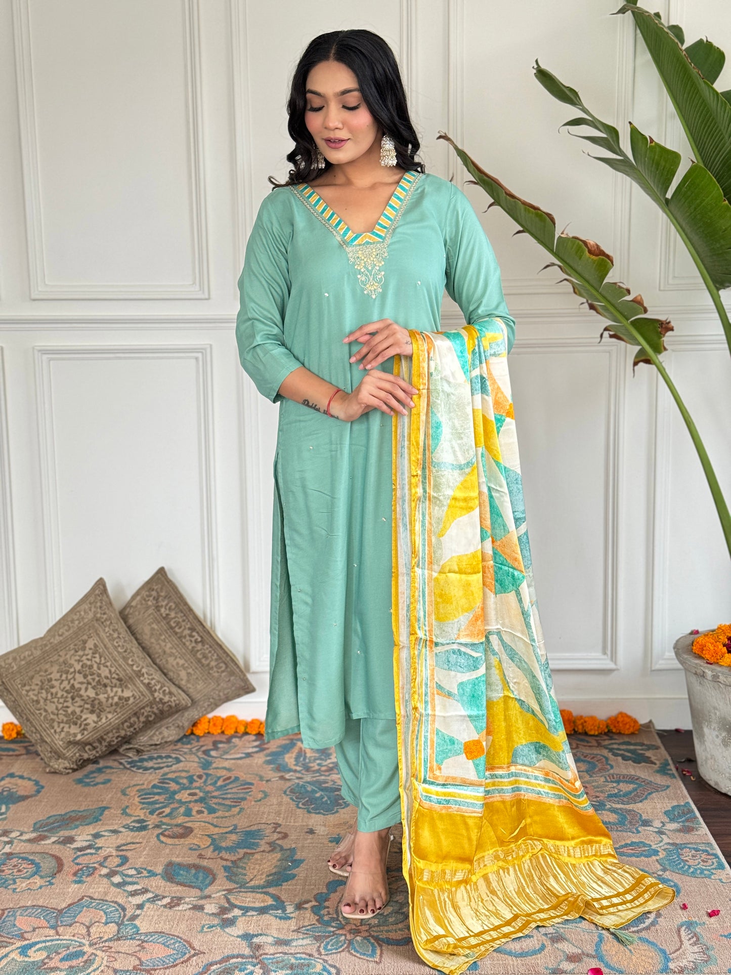 FIROJI VISCOSE EMBROIDERED KURTA PANT DUPATTA SET