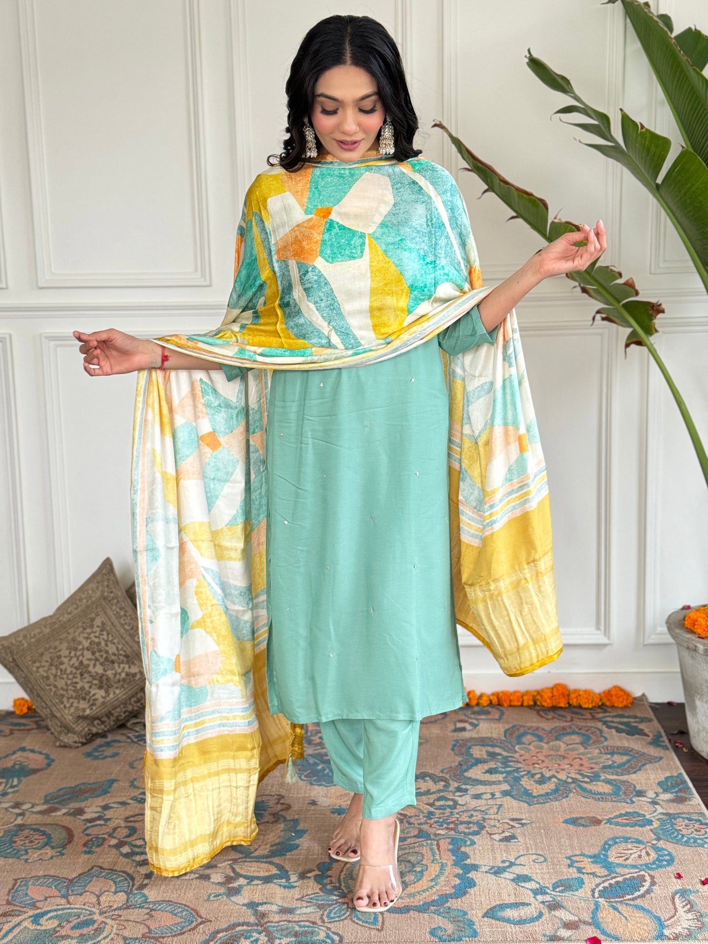FIROJI VISCOSE EMBROIDERED KURTA PANT DUPATTA SET