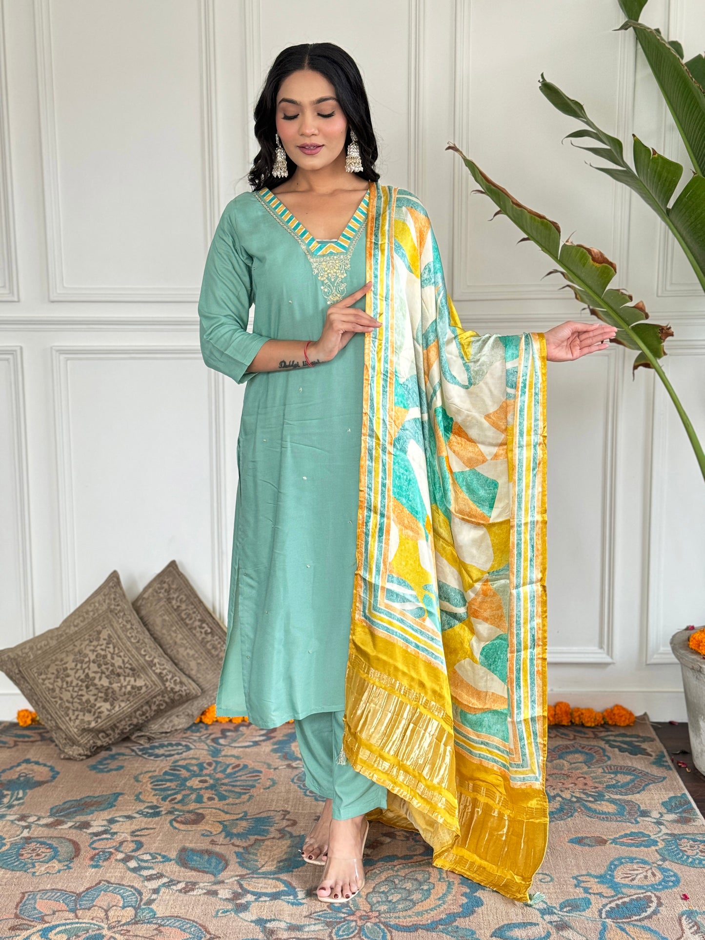 FIROJI VISCOSE EMBROIDERED KURTA PANT DUPATTA SET