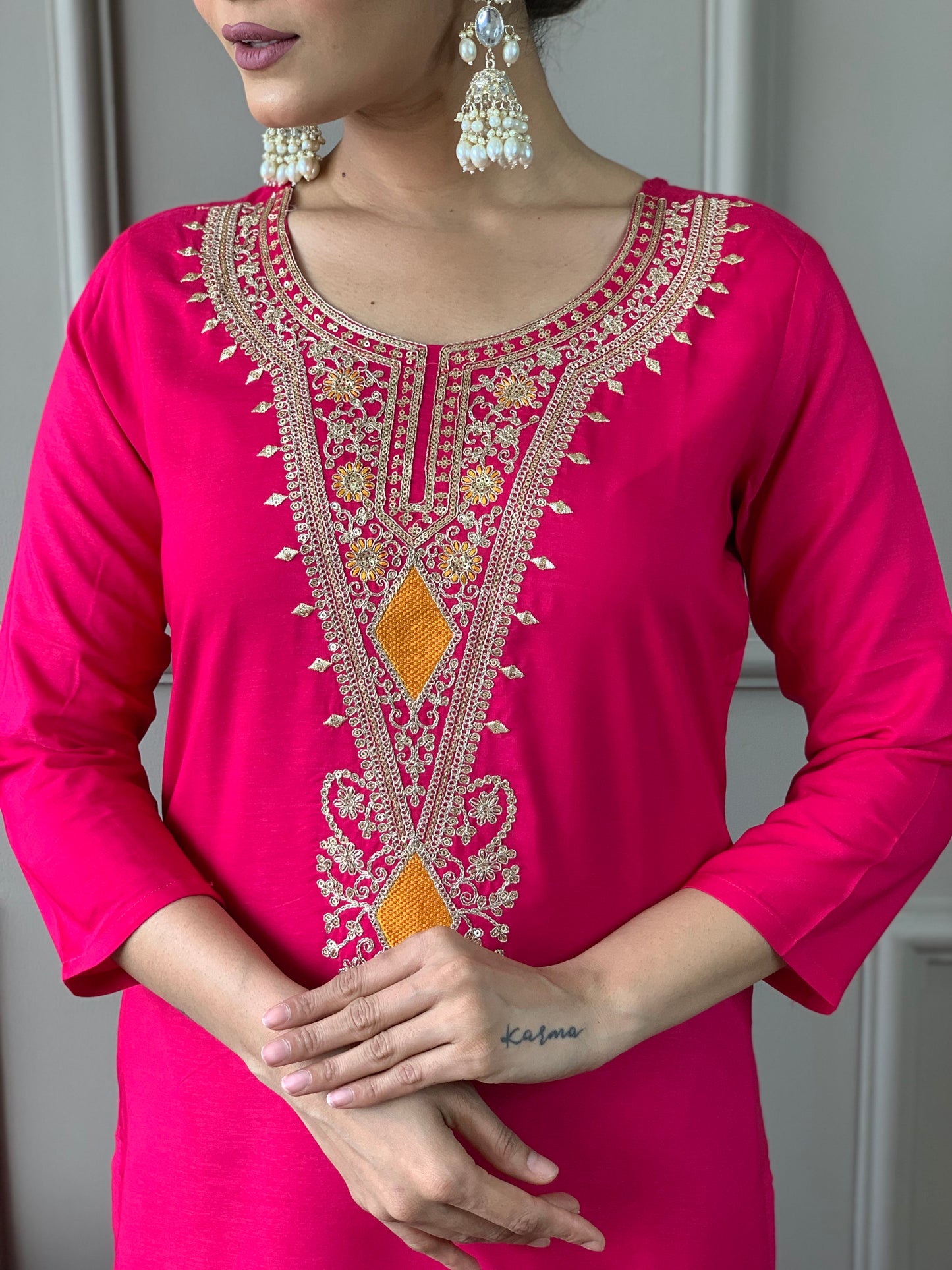 Magenta Red Embroidery Kurta Set