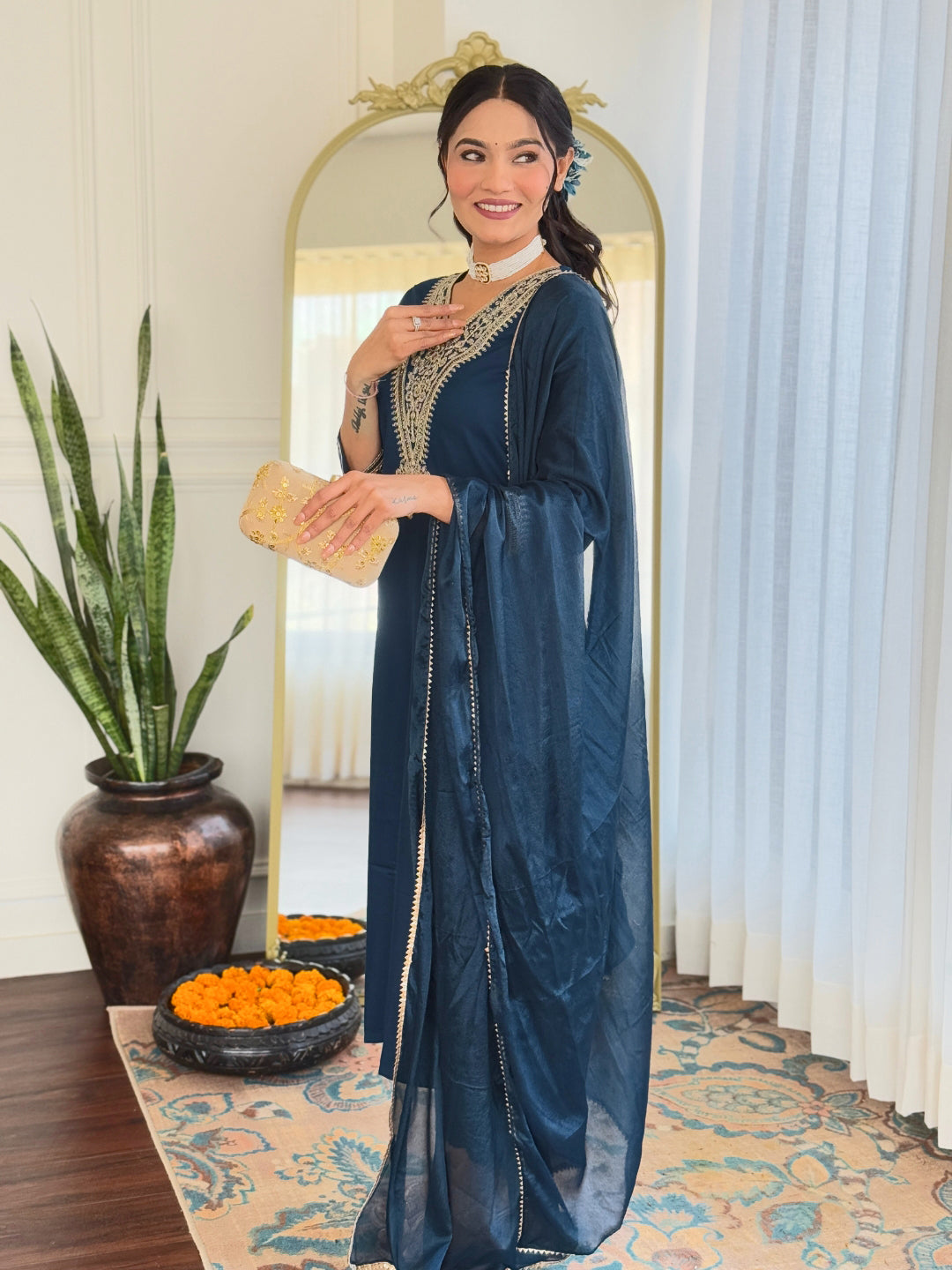 PETROL EMBROIDERED KURTA PANT SET WITH DUPATTA