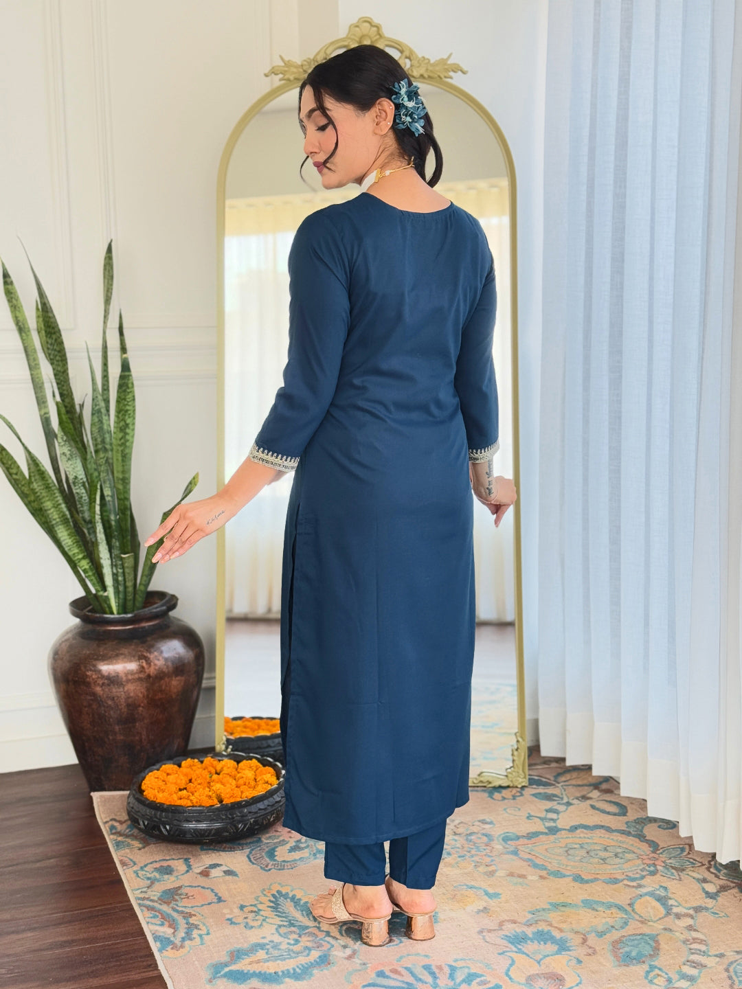 PETROL EMBROIDERED KURTA PANT SET WITH DUPATTA