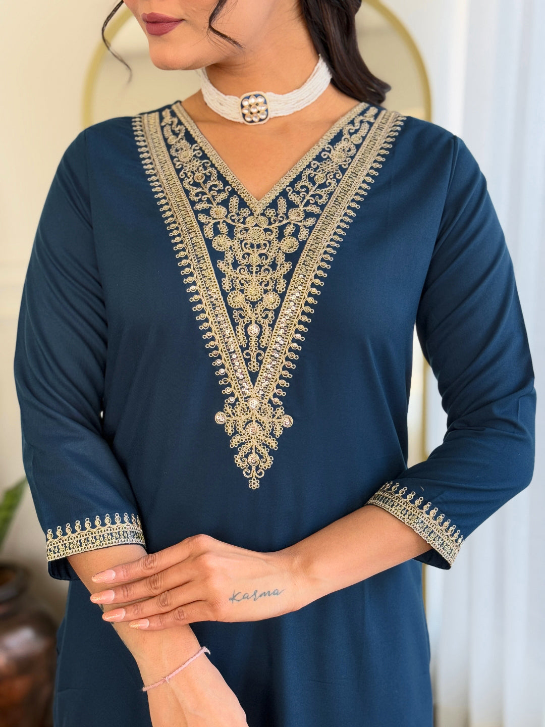 PETROL EMBROIDERED KURTA PANT SET WITH DUPATTA