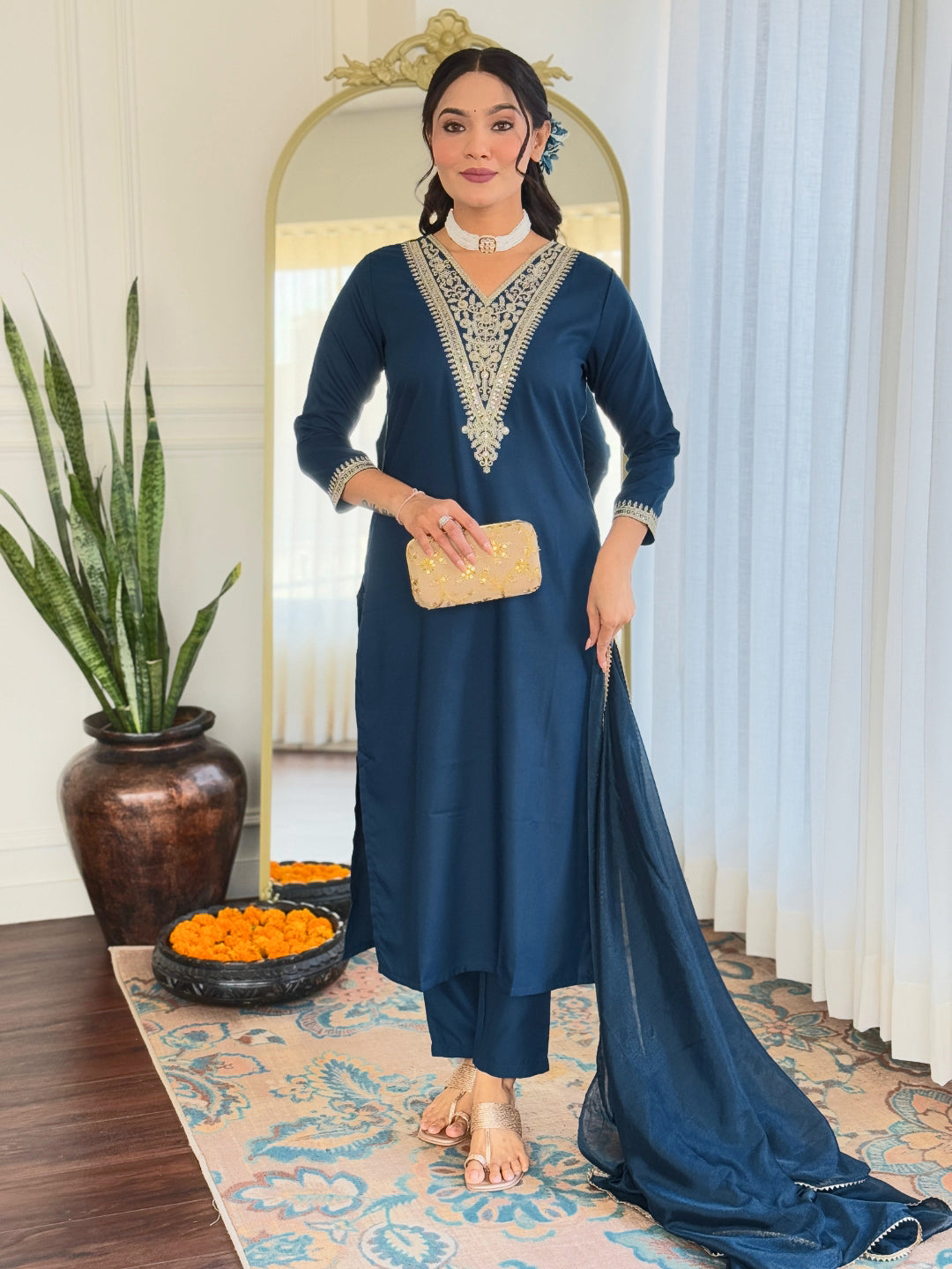 PETROL EMBROIDERED KURTA PANT SET WITH DUPATTA