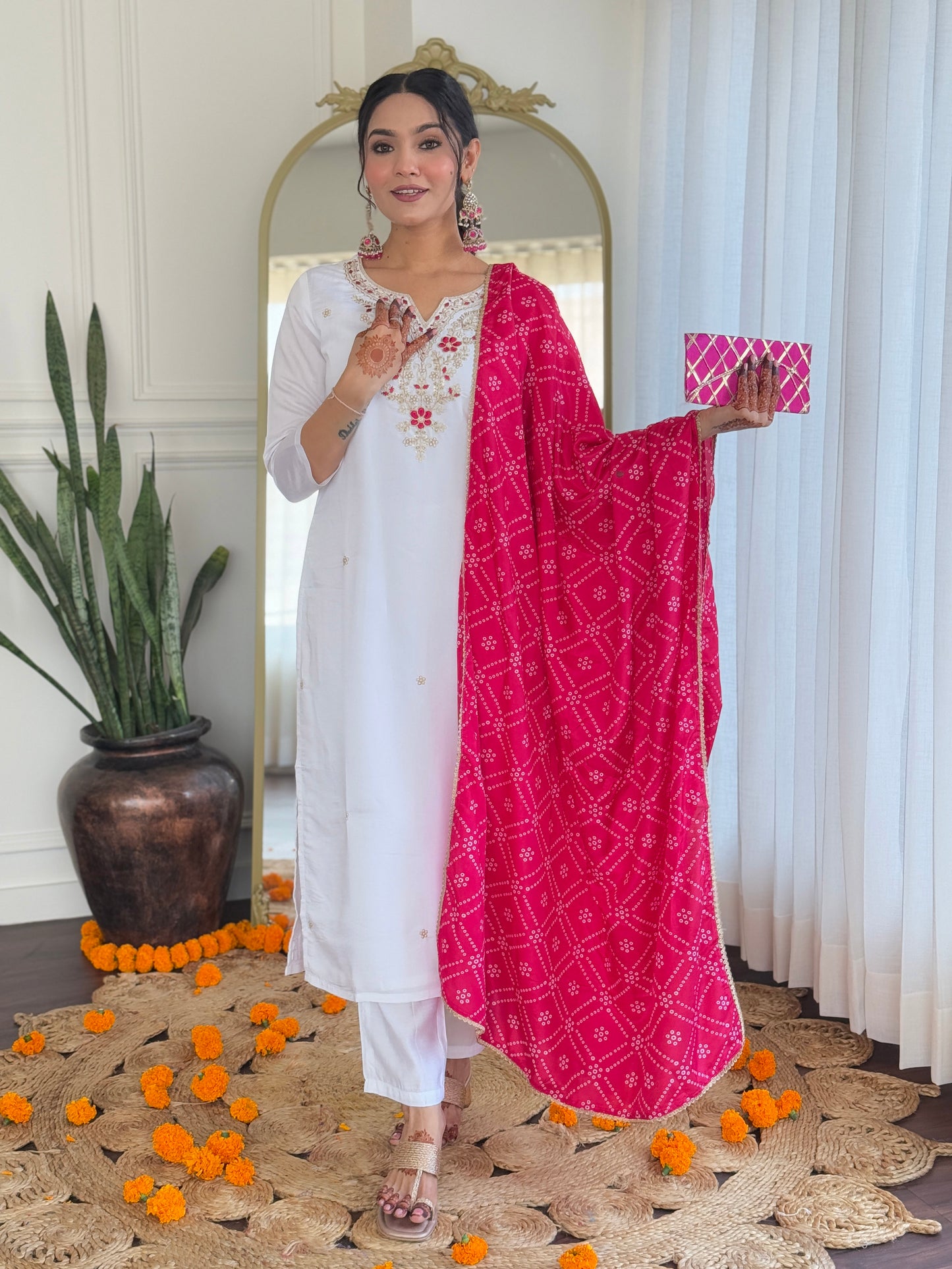 WHITE BSY VISCOSE EMBROIDERED KURTA PANT DUPATTA SET