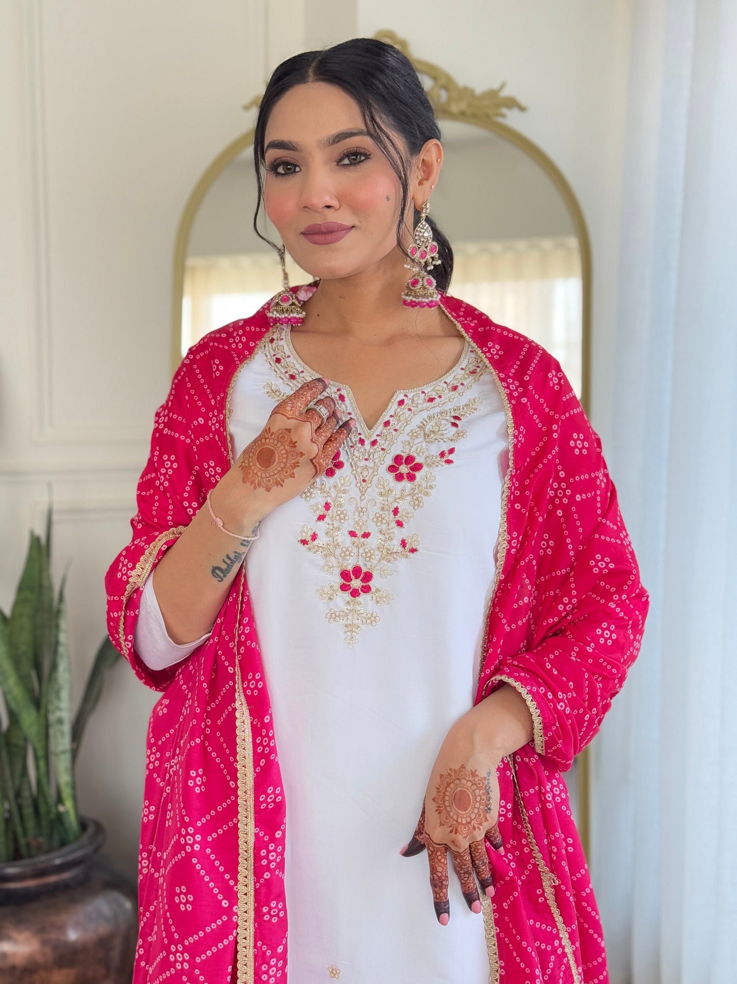 WHITE BSY VISCOSE EMBROIDERED KURTA PANT DUPATTA SET