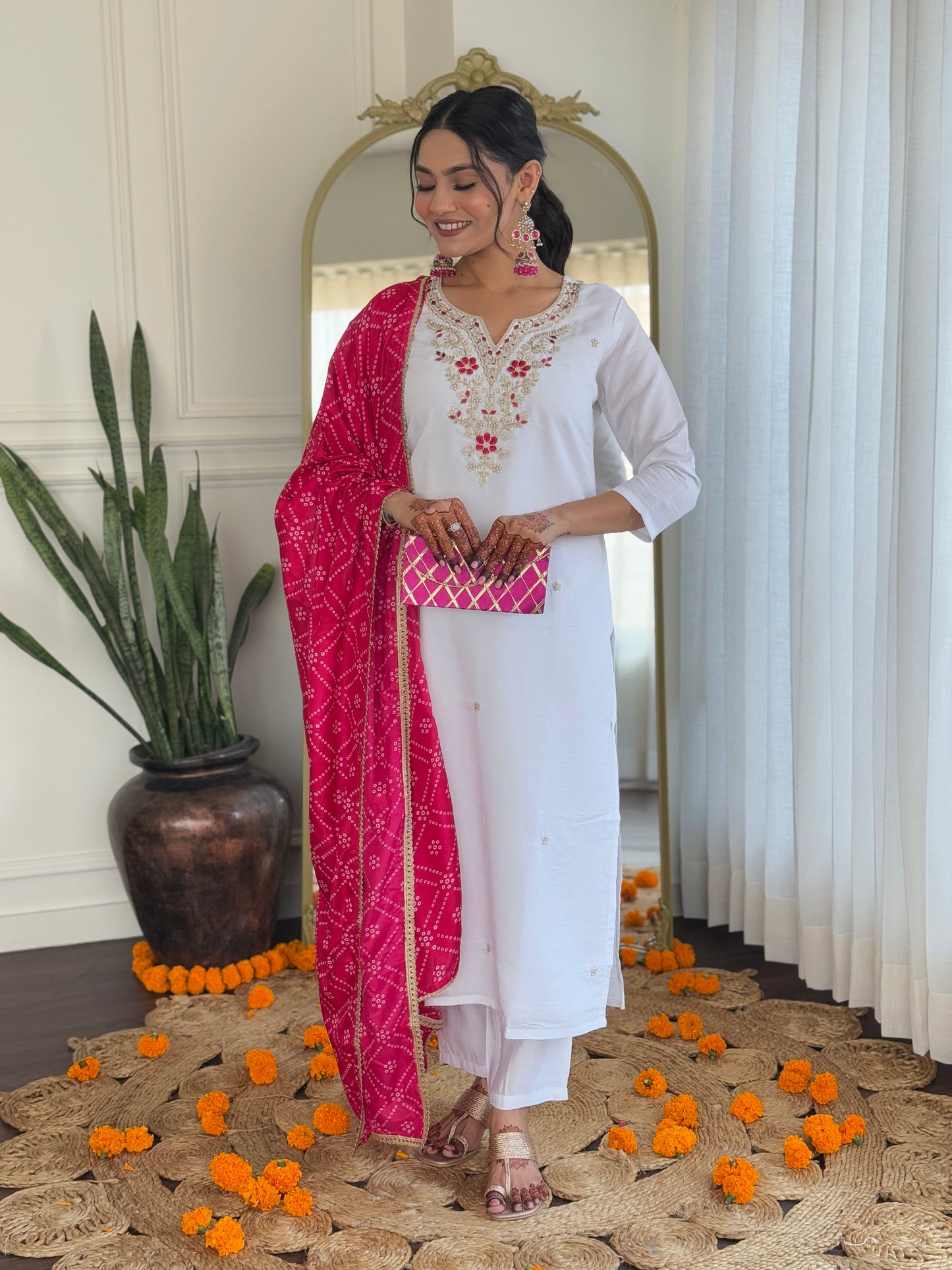 WHITE BSY VISCOSE EMBROIDERED KURTA PANT DUPATTA SET