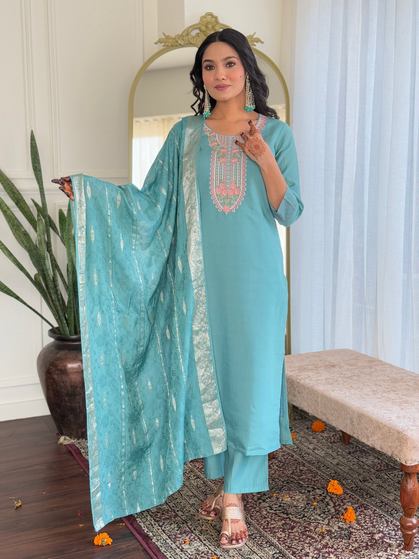 SKY CHANDERI EMBROIDERED KURTA PANT DUPATTA SET