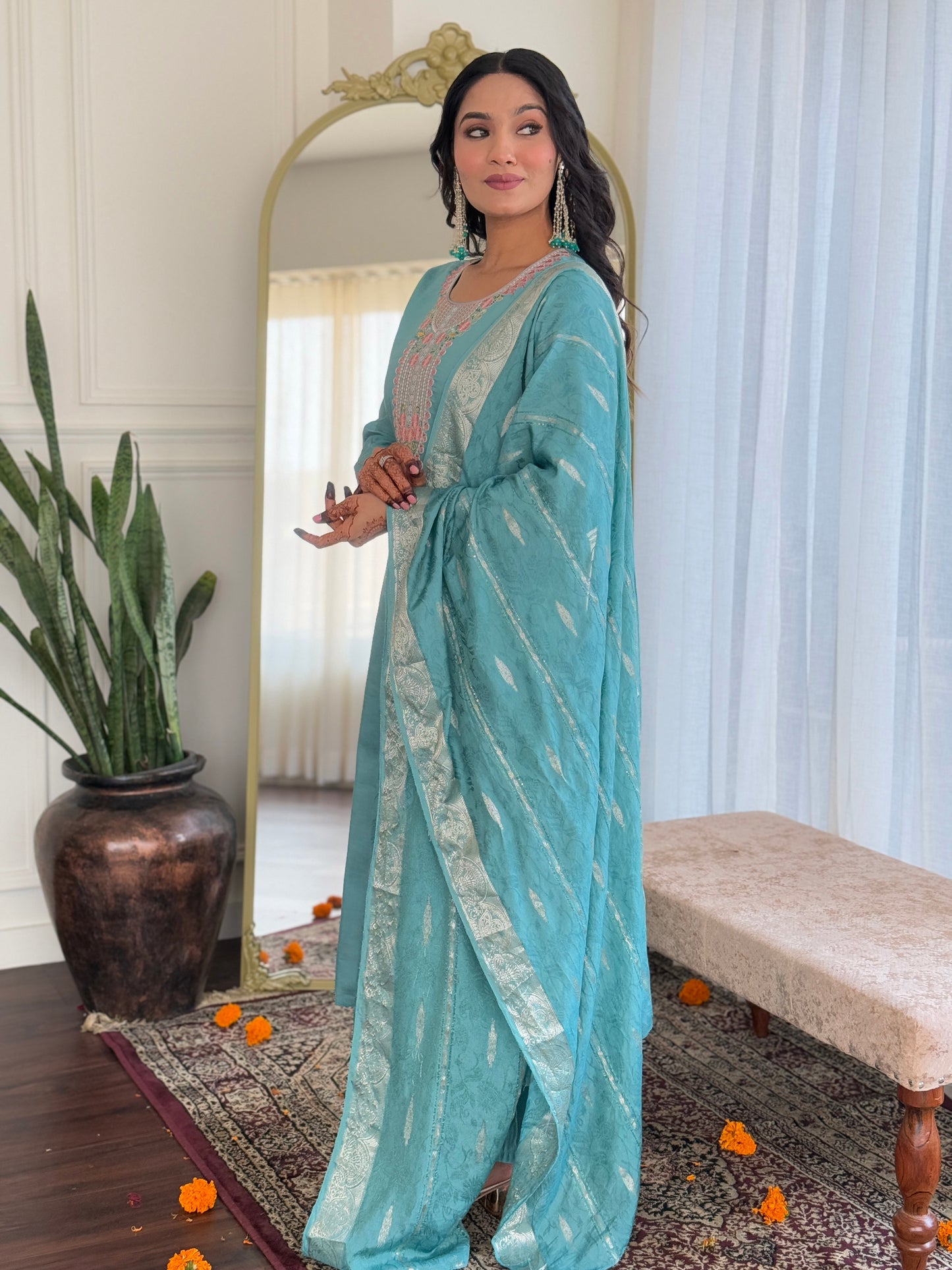 SKY CHANDERI EMBROIDERED KURTA PANT DUPATTA SET