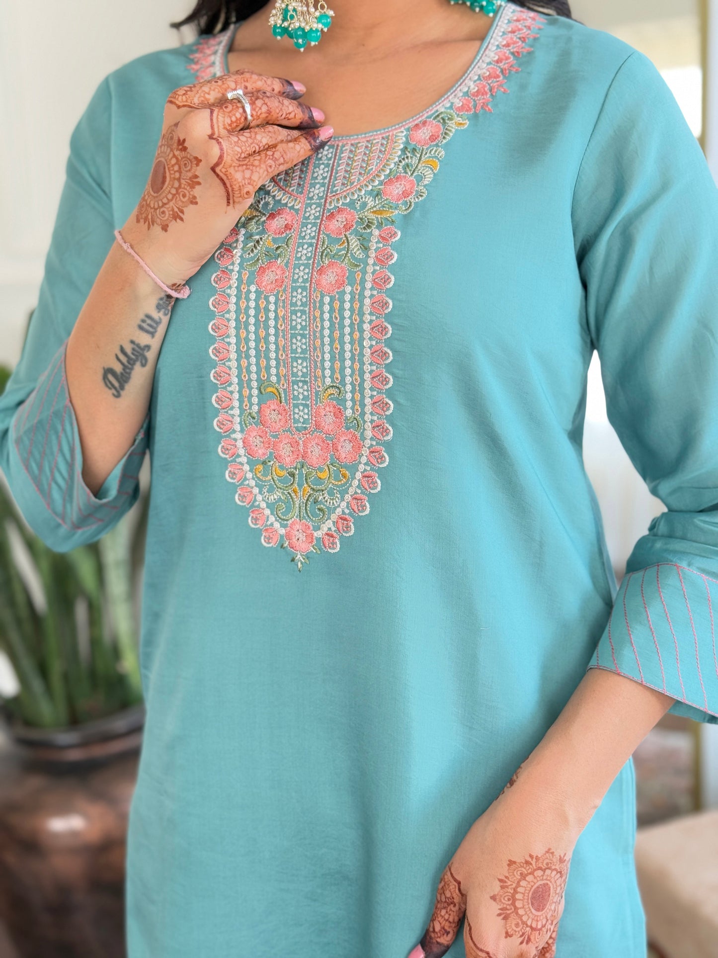 SKY CHANDERI EMBROIDERED KURTA PANT DUPATTA SET