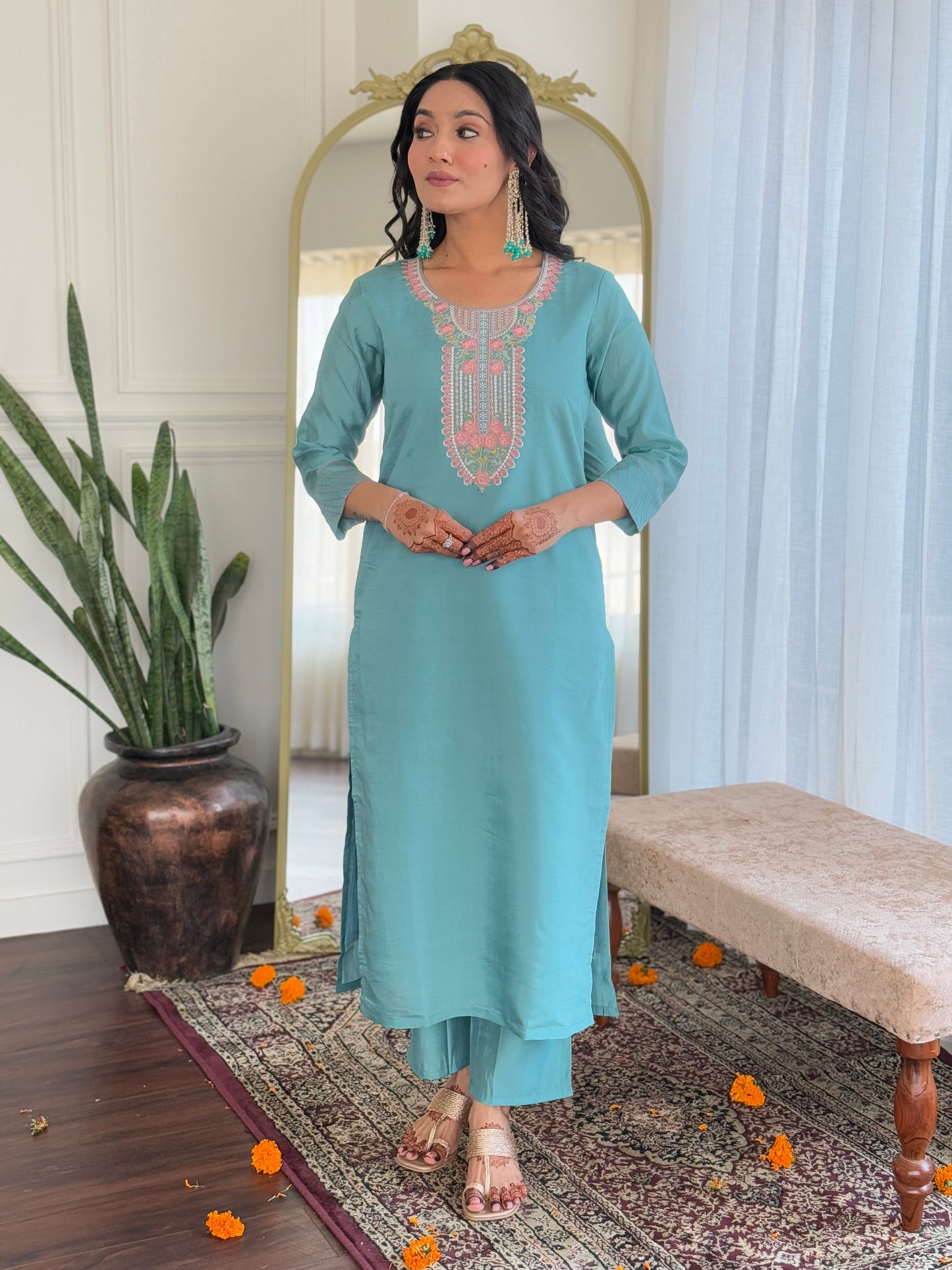 SKY CHANDERI EMBROIDERED KURTA PANT DUPATTA SET