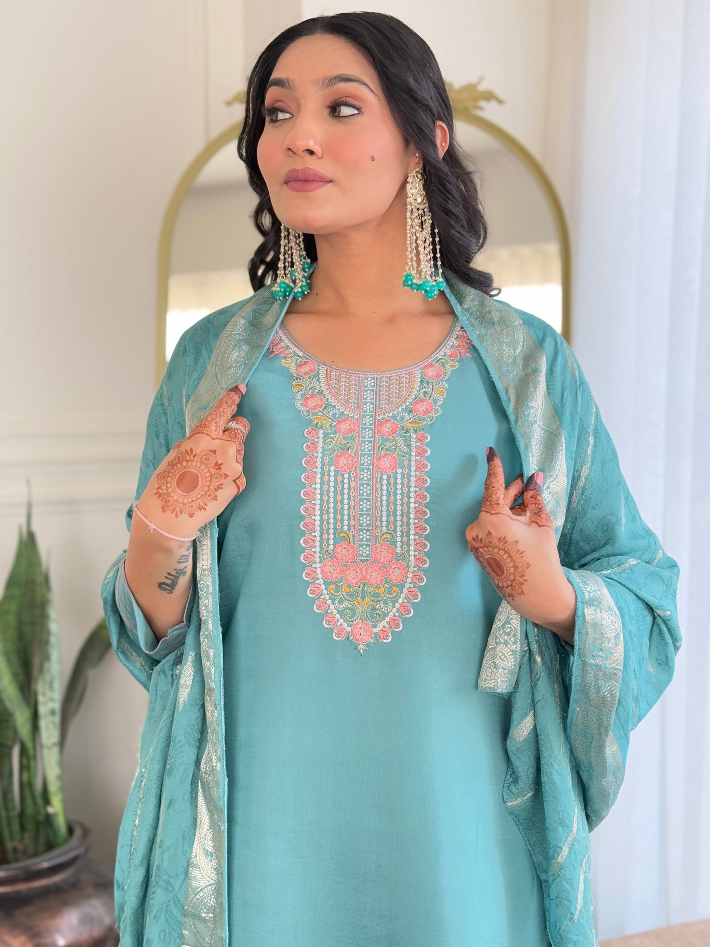 SKY CHANDERI EMBROIDERED KURTA PANT DUPATTA SET