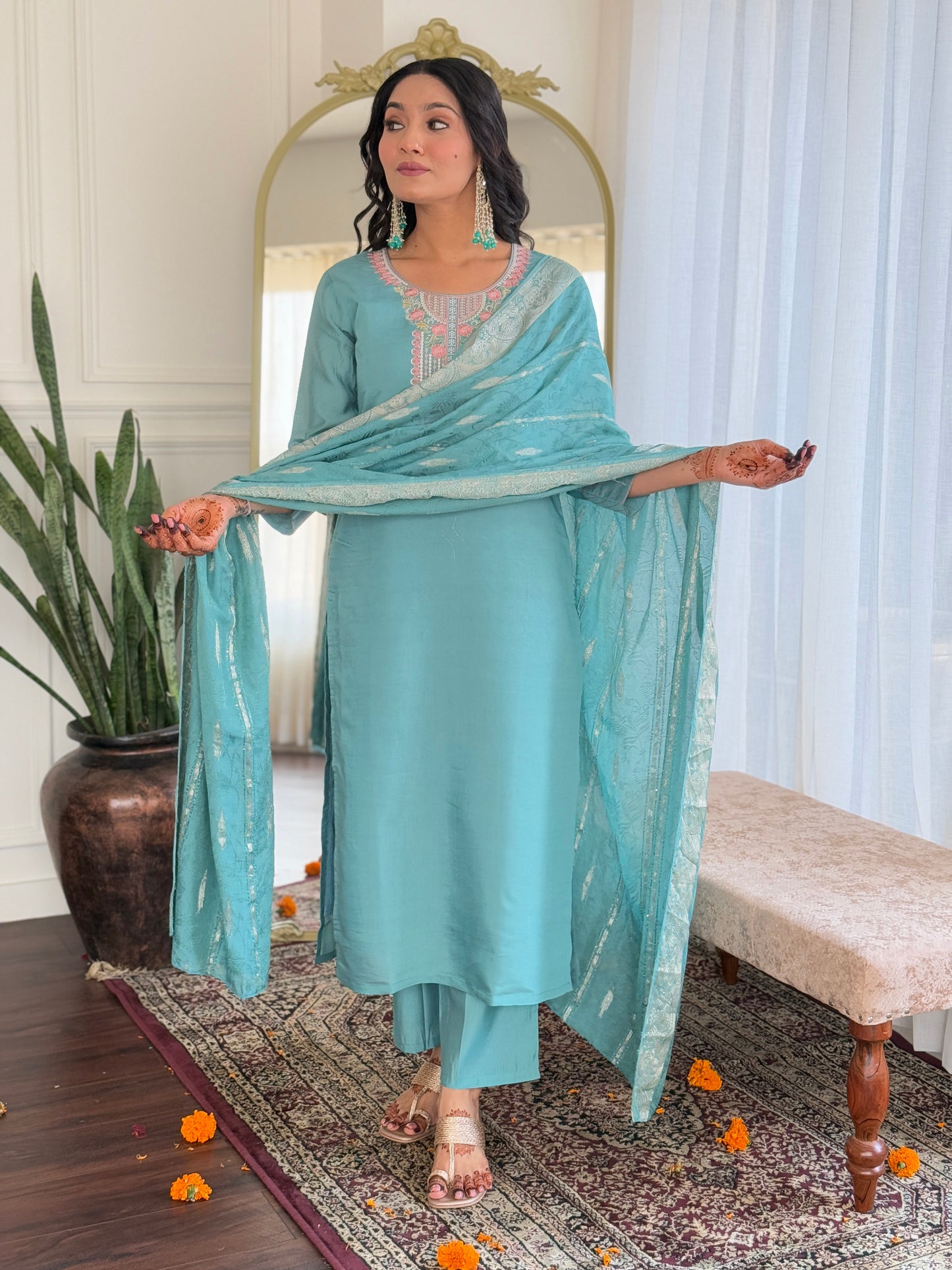 SKY CHANDERI EMBROIDERED KURTA PANT DUPATTA SET