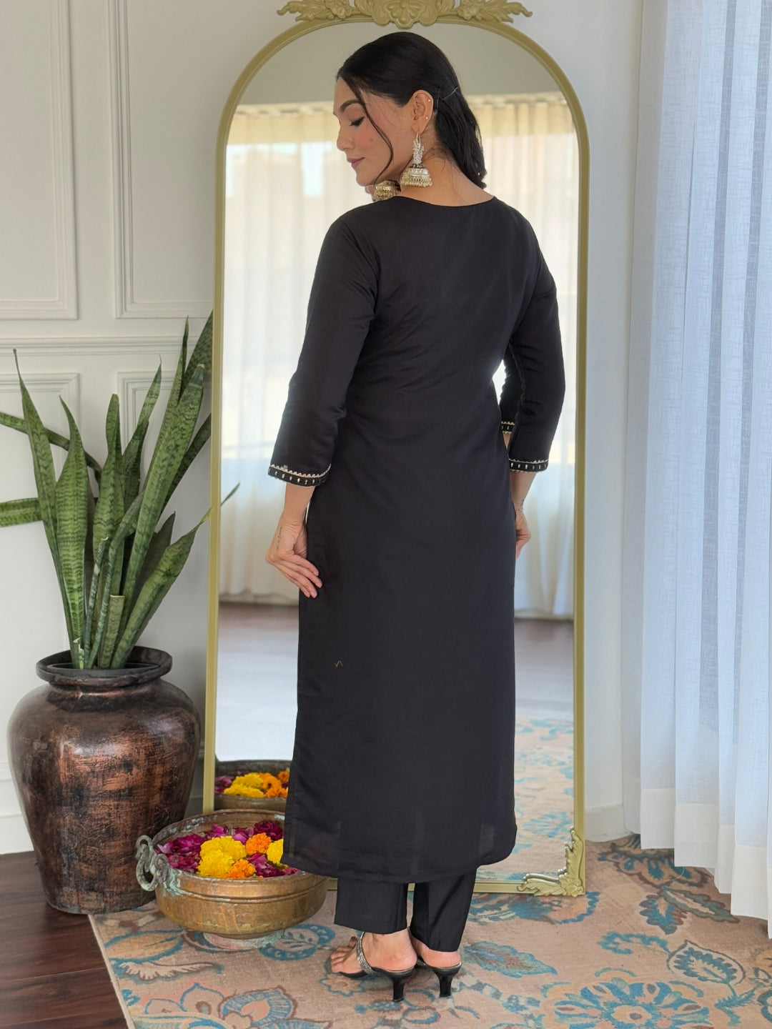 BLACK RAYON EMBROIDERED KURTA PANT DUPATTA SET