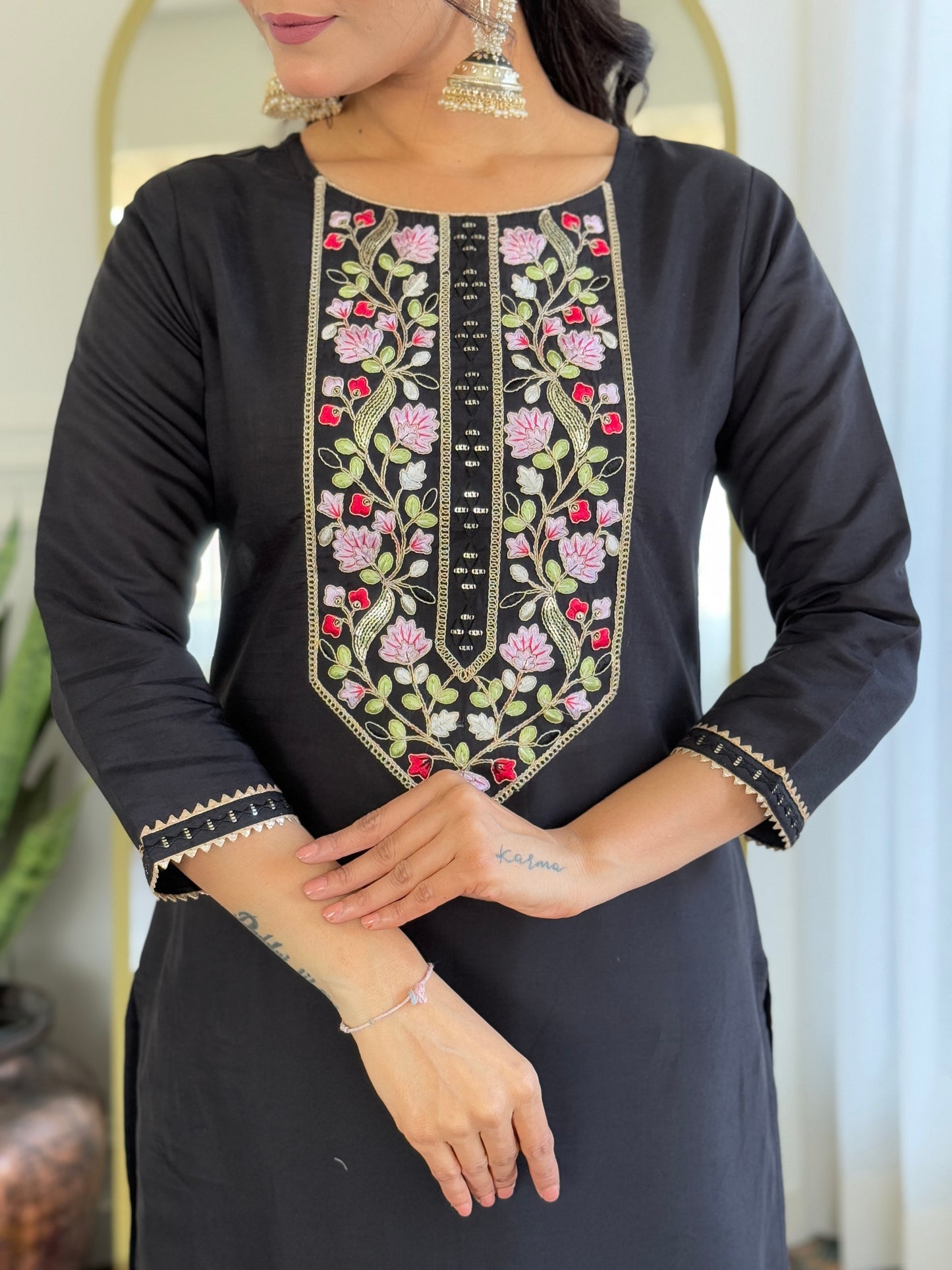 BLACK RAYON EMBROIDERED KURTA PANT DUPATTA SET