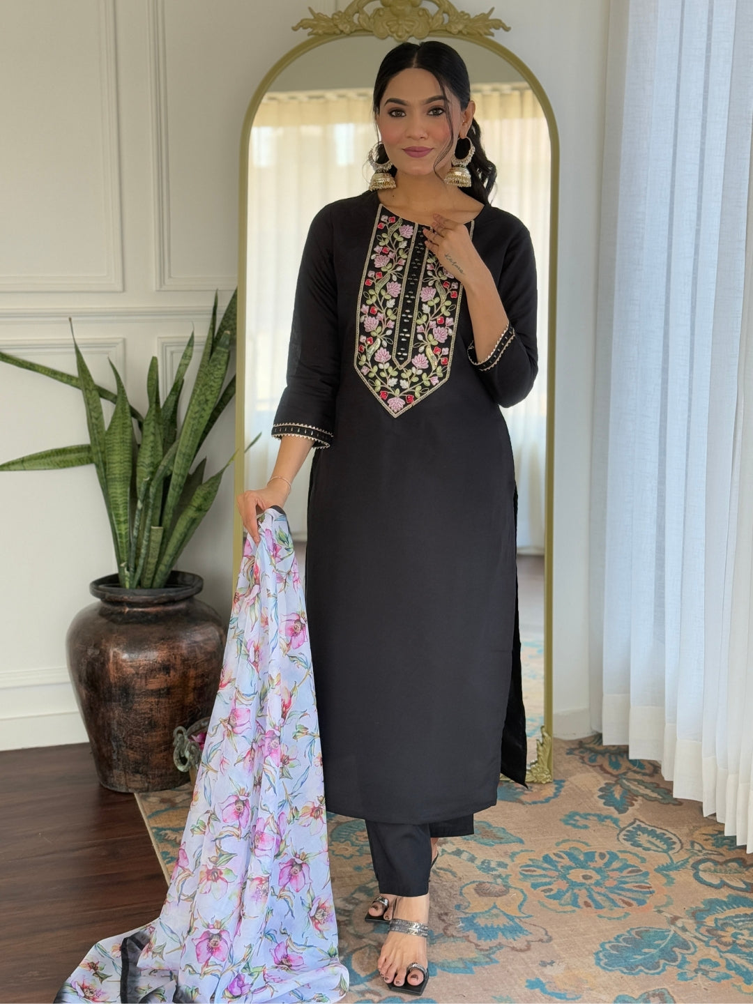 BLACK RAYON EMBROIDERED KURTA PANT DUPATTA SET