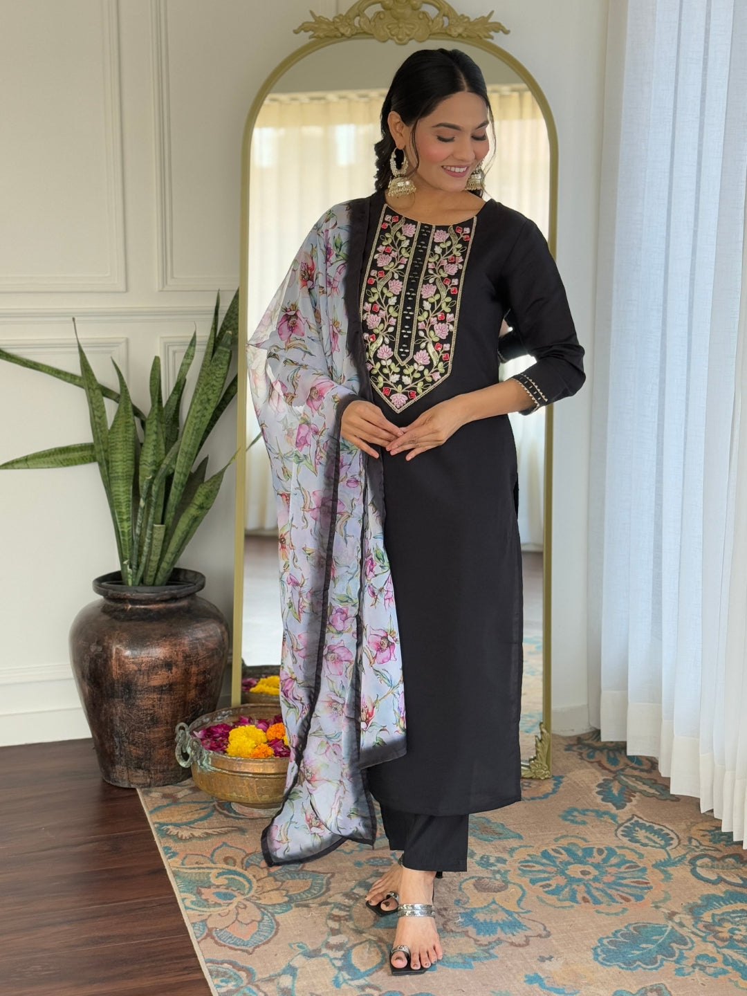 BLACK RAYON EMBROIDERED KURTA PANT DUPATTA SET