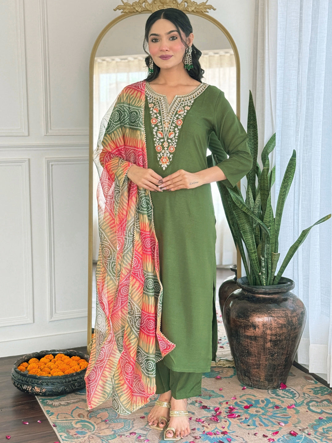 MAHENDI RAYON EMBROIDERED KURTA PANT DUPATTA SET