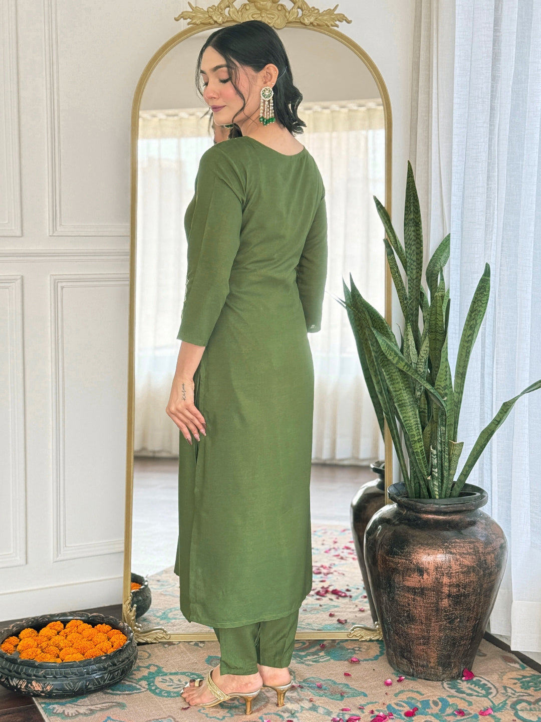 MAHENDI RAYON EMBROIDERED KURTA PANT DUPATTA SET