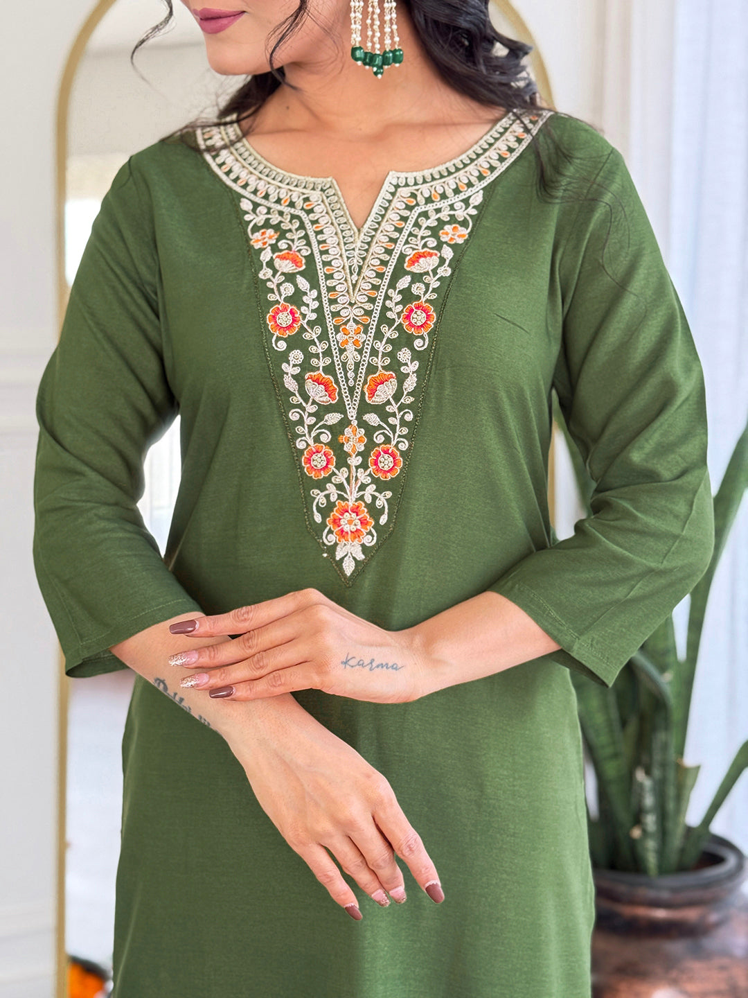 MAHENDI RAYON EMBROIDERED KURTA PANT DUPATTA SET