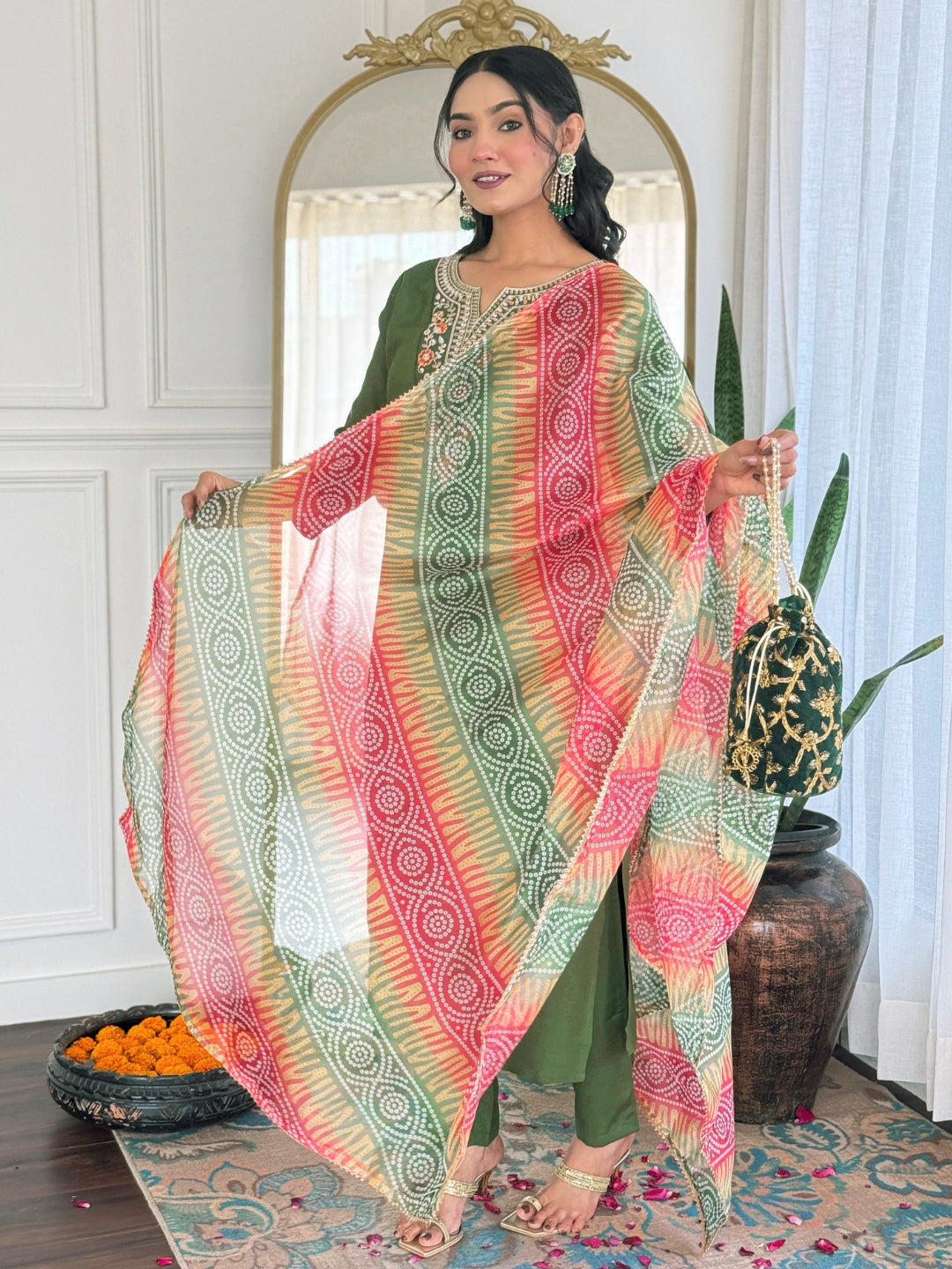 MAHENDI RAYON EMBROIDERED KURTA PANT DUPATTA SET