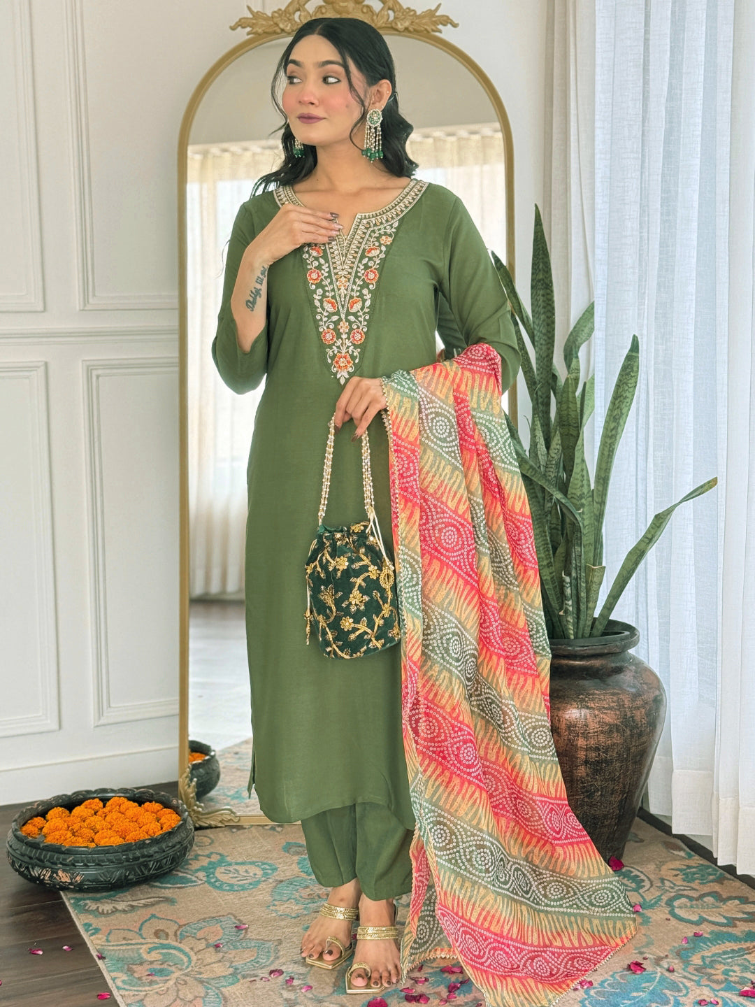 MAHENDI RAYON EMBROIDERED KURTA PANT DUPATTA SET