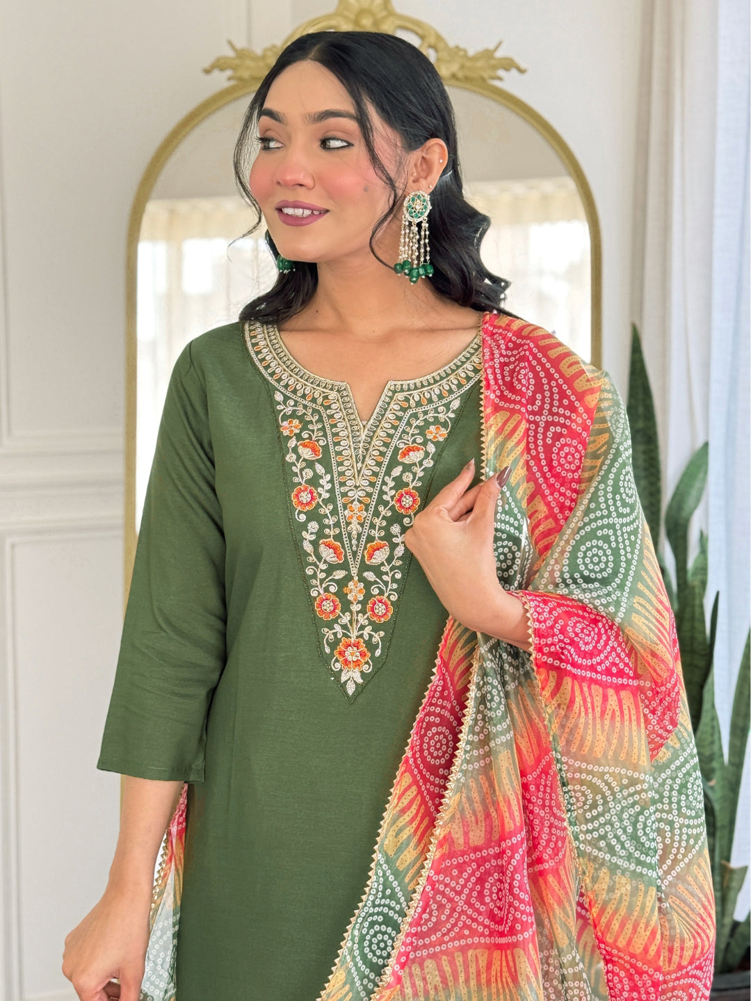 MAHENDI RAYON EMBROIDERED KURTA PANT DUPATTA SET