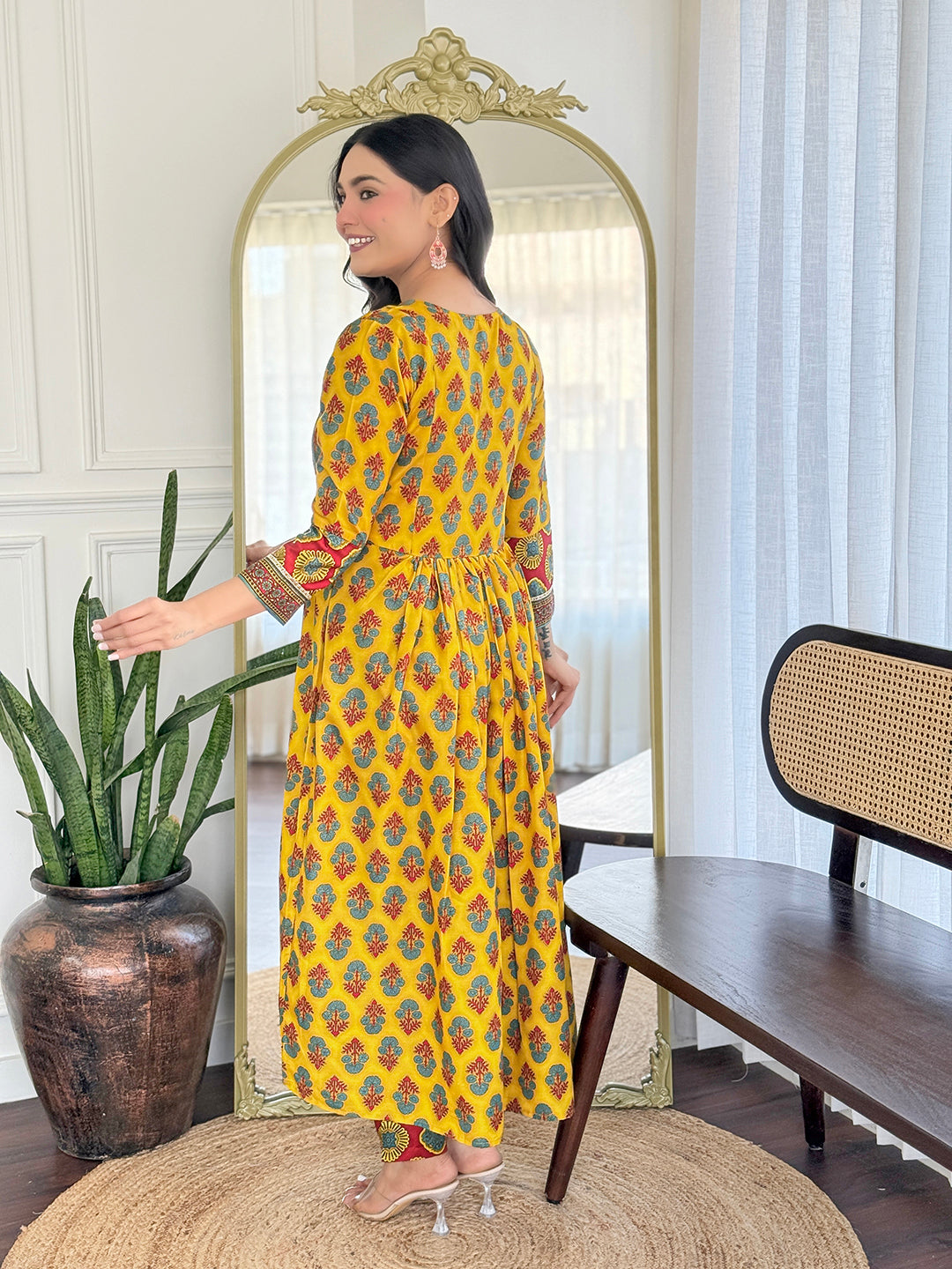 YELLOW FLORAL PRINTED COTTON KURTA PANT DUPATTA SET