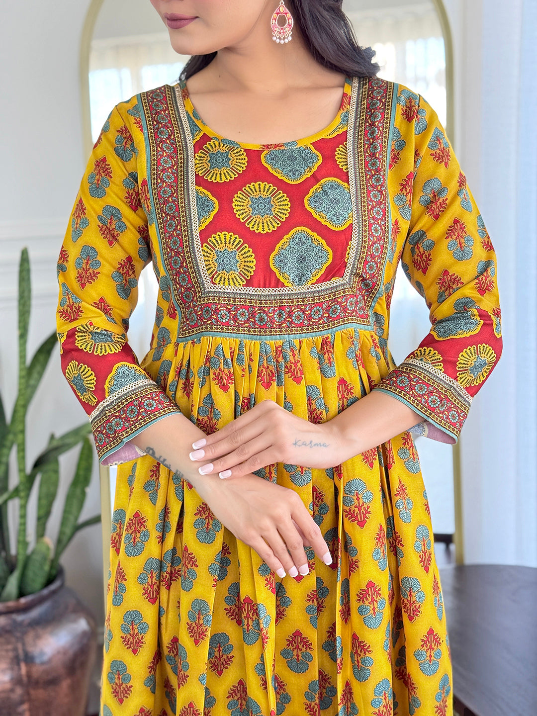 YELLOW FLORAL PRINTED COTTON KURTA PANT DUPATTA SET