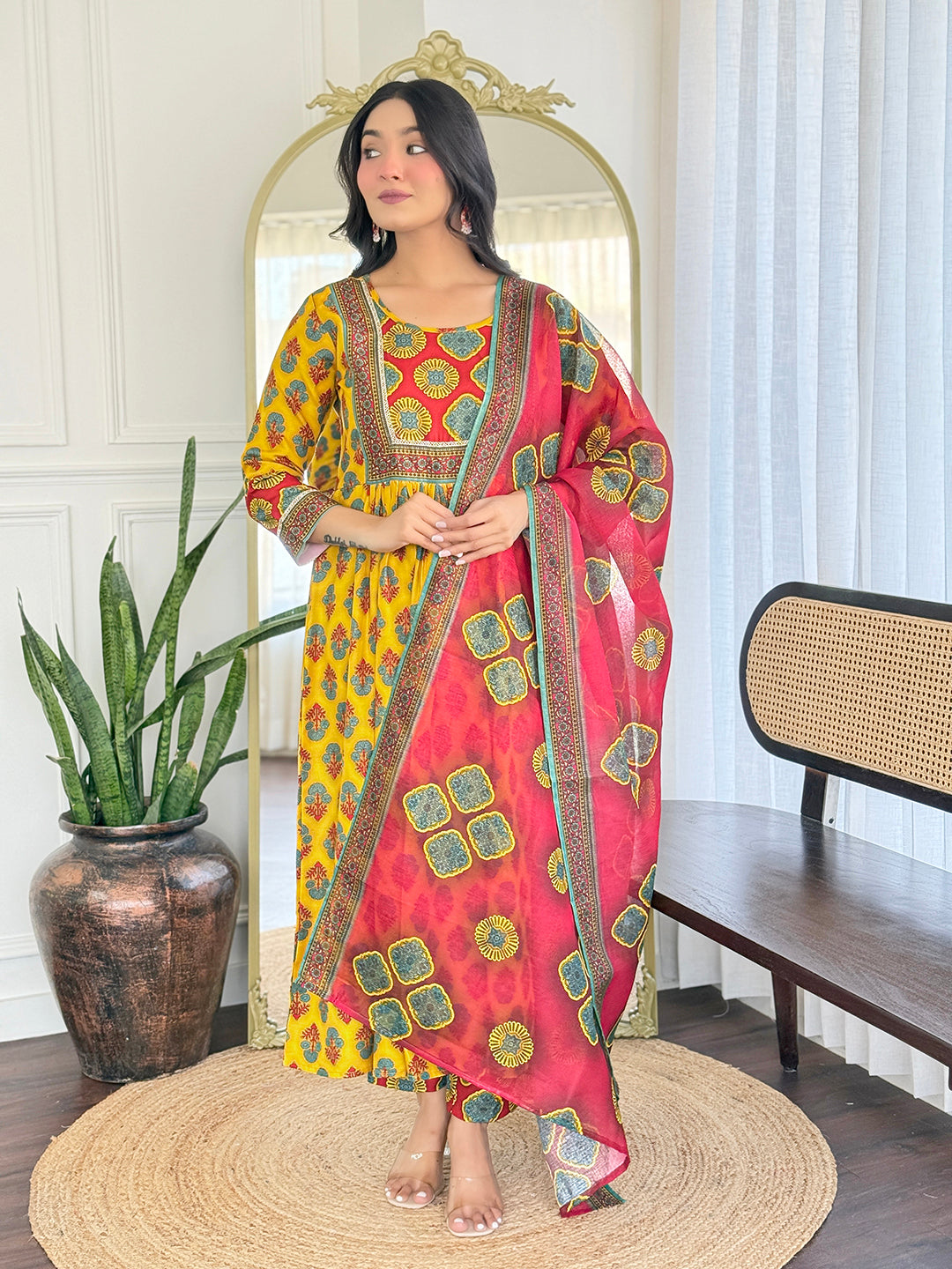 YELLOW FLORAL PRINTED COTTON KURTA PANT DUPATTA SET